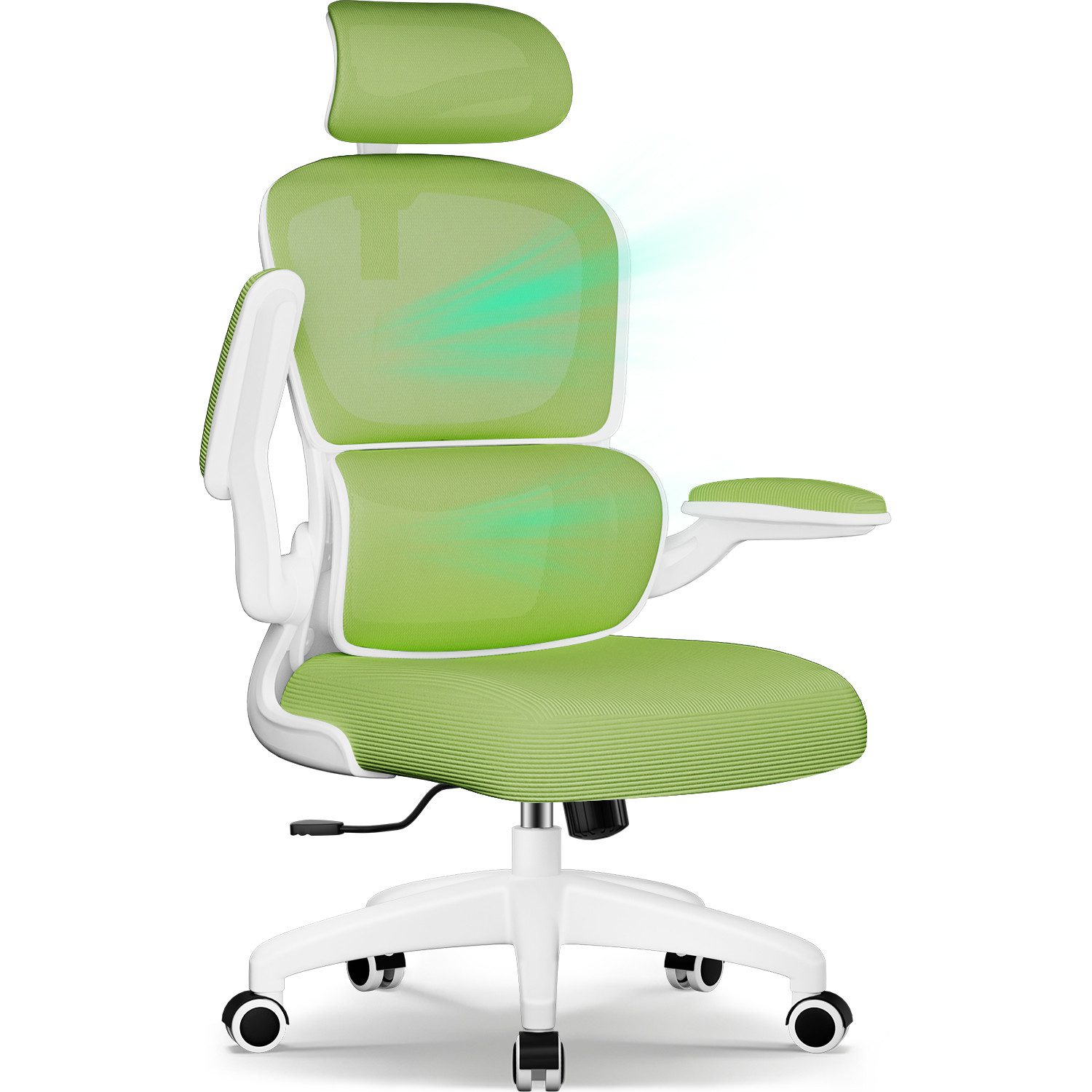 Fukstern Bürostuhl Ergonomischer Bürostuhl mit 90° klappbaren Armlehnen (Verstellbare Kopfstütze, atmungsaktiver Mesh-Bezug, Rücken- und Taillenstütze, Neigung fixierbar bei 90° (maximal kippbar bis 135), bis 150 kg belastbar