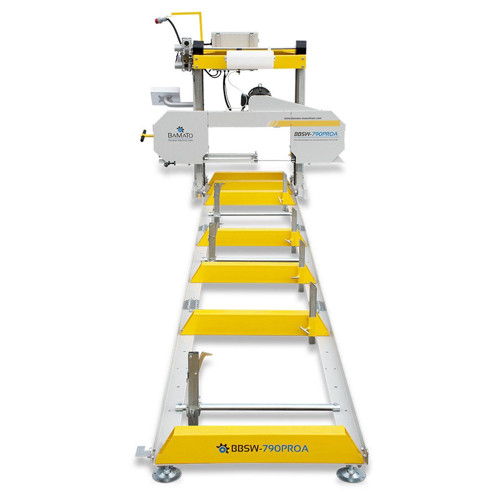 BAMATO Holzbandsäge BBSW-790PROA mit 5,9m Rollbahn und automatischem Vorschub, 1-St., Kühlmitteleinrichtung, el. Höhenverstellung, Blockbandsäge, Laser