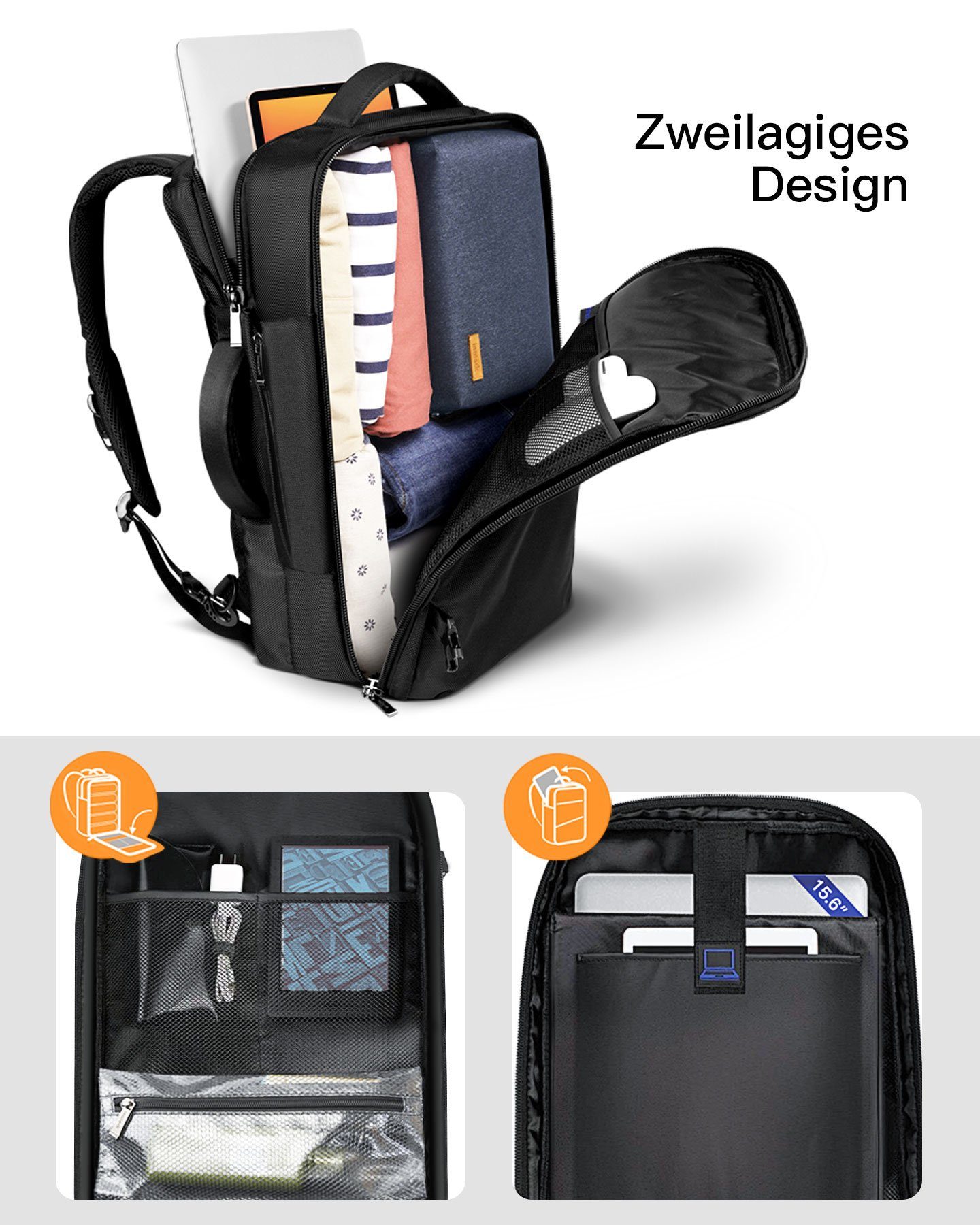 Inateck Reiserucksack 40L Supergroßer Handgepäck Rucksack Herren Damen – Bild 3 von 5