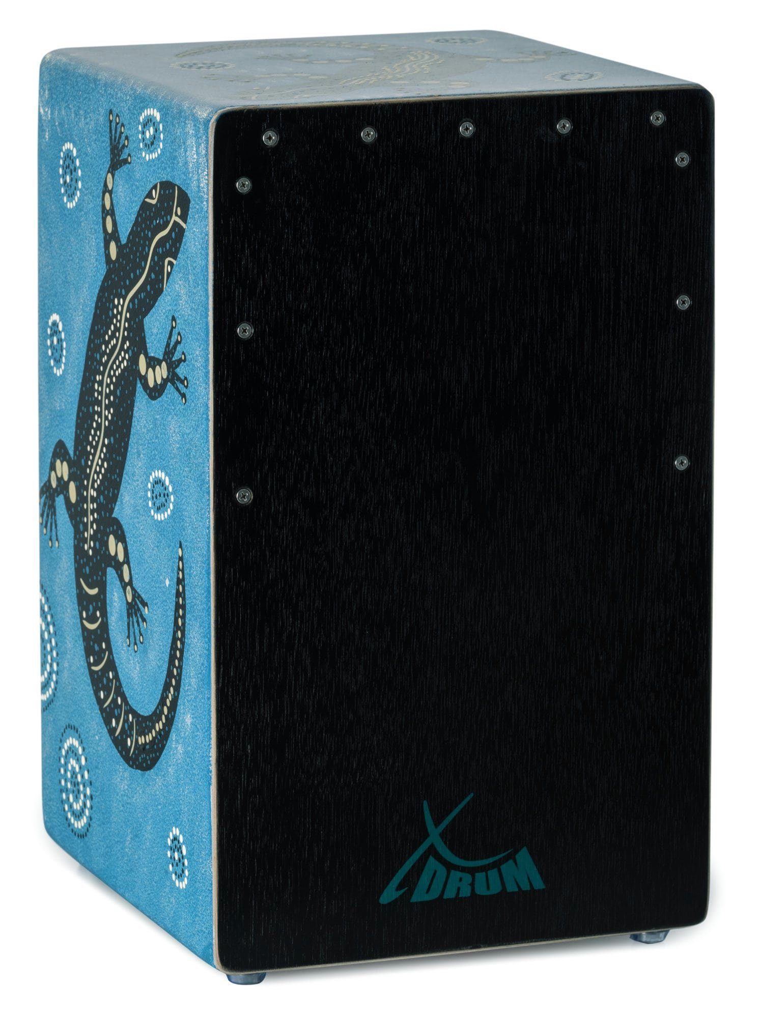 XDrum Cajon Handbemalte Designer-Cajon mit Dot Art-Geckos, Bass Port & Snare Teppich mit 20 Spiralen