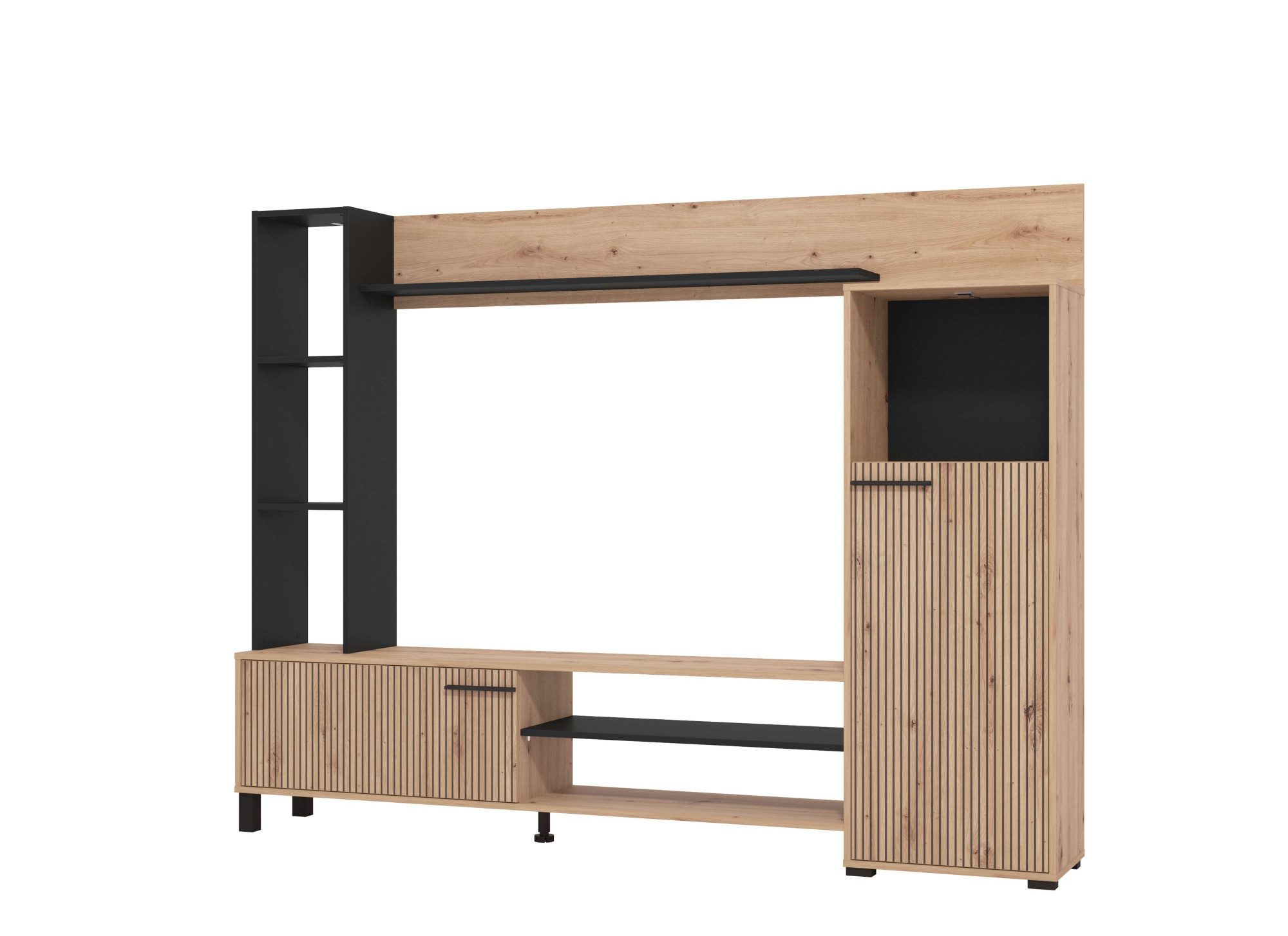 INOSIGN Wohnwand Retimno, inkl. Highboard, TV-Board, Standregal und Wandregal, (Komplett-Set, 4-St), 208 cm, Trendfarben, mit dekorativen schwarzen Streifen, TV bis 58'