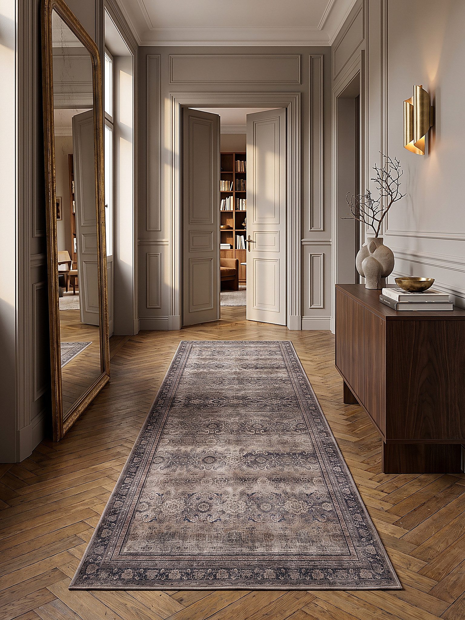 KADIMA DESIGN Teppich VERNANTE Kurzflorteppich waschbar Blütenrosetten Orientalisch, Läufer, Höhe: 5 mm, 80x150 cm, Braun-Grau, 100 % …