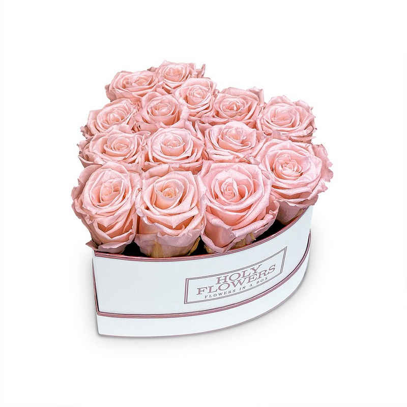 Kunstblume Herzbox Rosé mit 14 Infinity Rosen, 3 Jahre haltbar, Echte Rosen Infinity Rosen, Holy Flowers, Höhe 14 cm