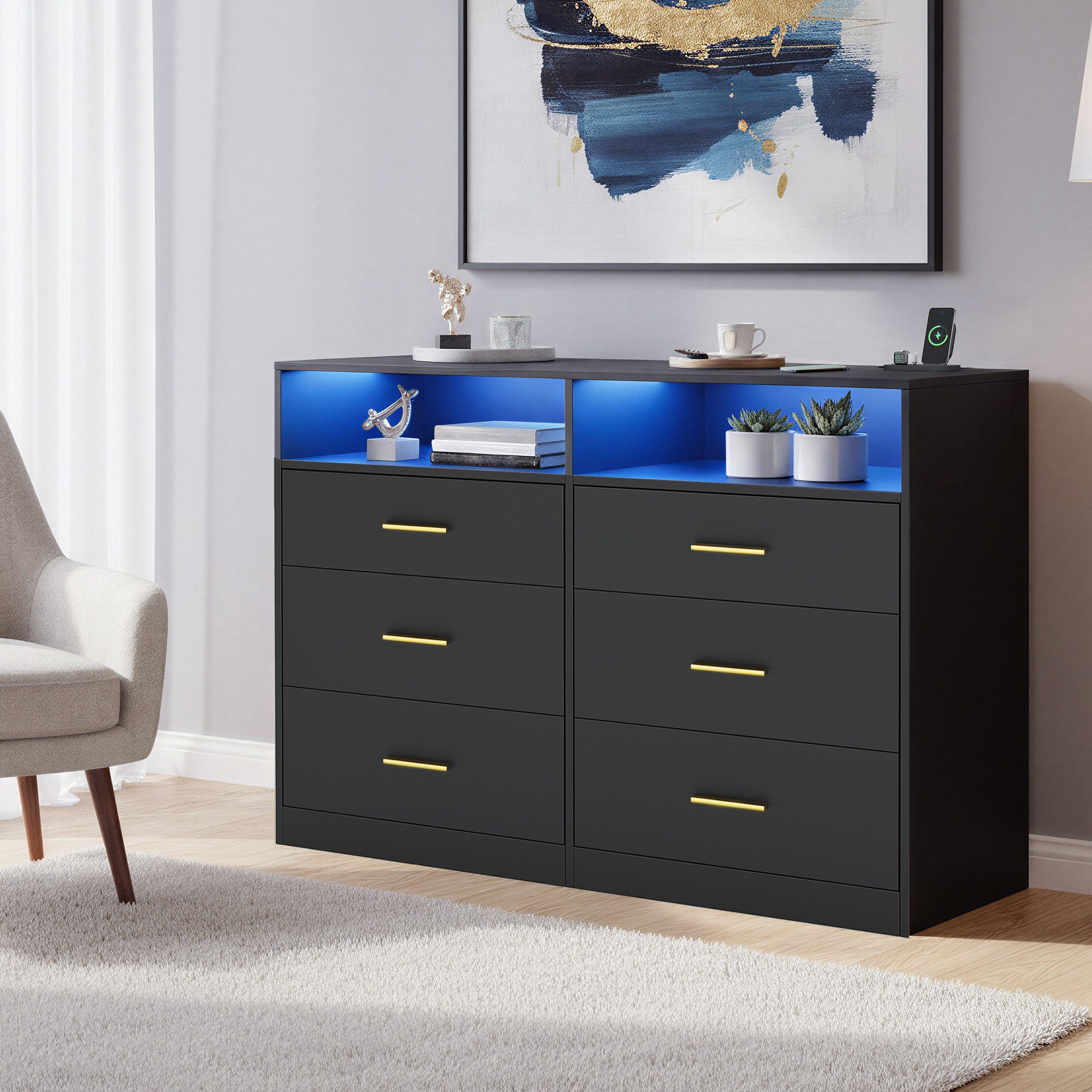 VASAGLE Kommode, Kommodenschrank mit LED-Beleuchtung und Steckdosenleiste, Sideboard
