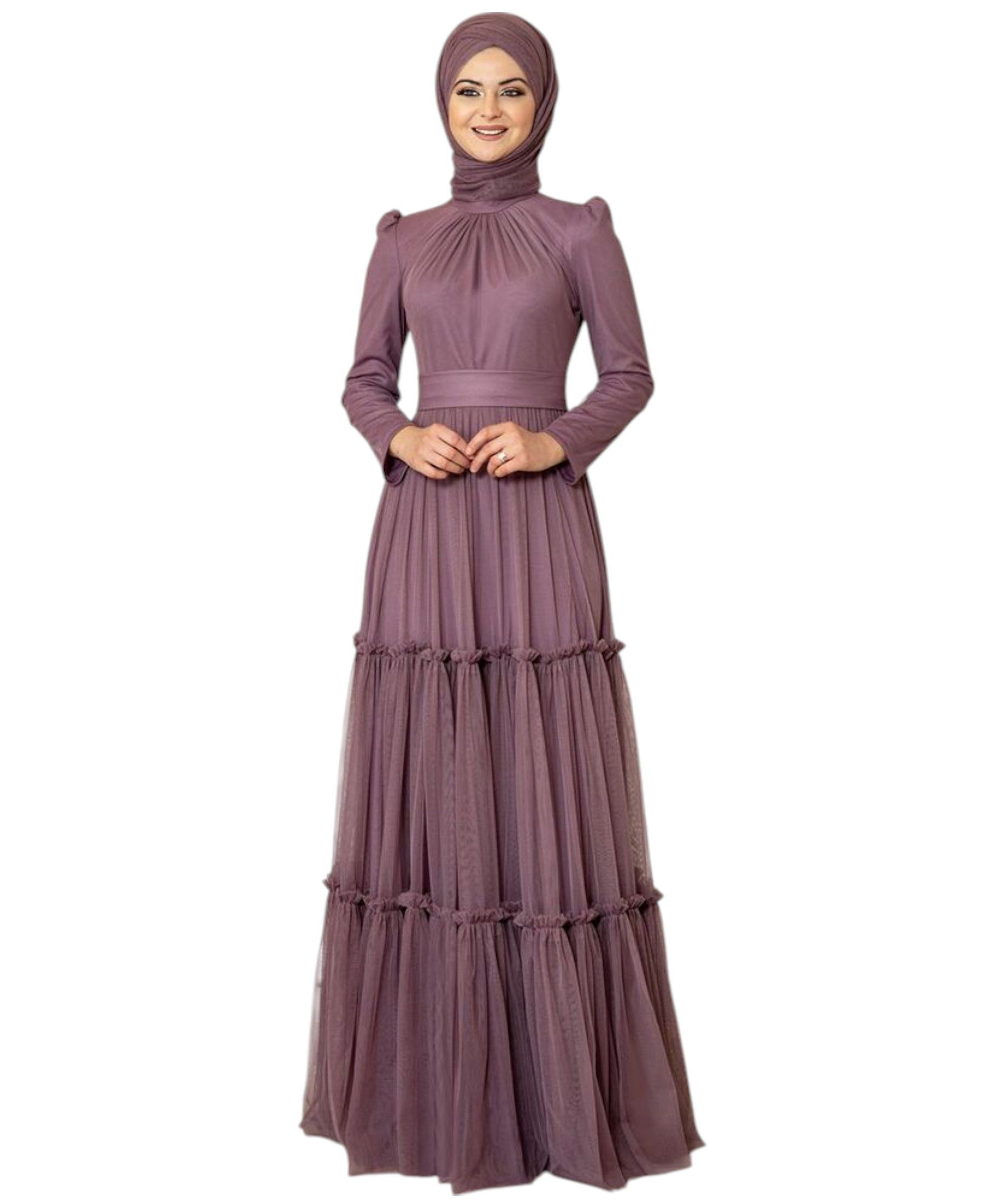 Modavitrini Abendkleid Tüllkleid mit Rüschenrock Hijab Kleid Abiye Abaya Maxikleid Mehrlagiger Tüllrock, eleganter Maxischnitt, blickdichtes Unterkleid