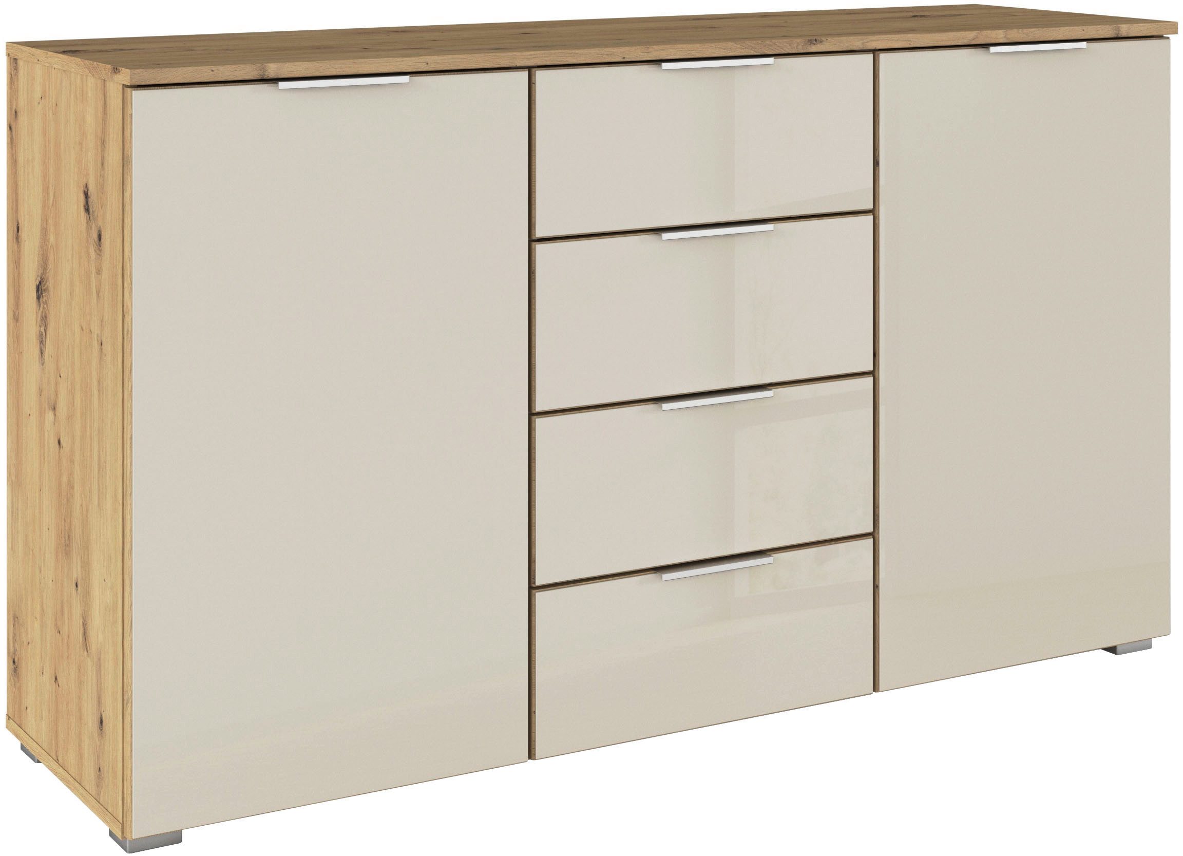 rauch Kombikommode Sideboard Kombikommode Schubladenkommode AGORDO mit Glasfront (in zwei Griff-Farben, Breite 120 cm), vier große Schubladen, mit insgesamt 4 Einlegeböden MADE IN GERMANY
