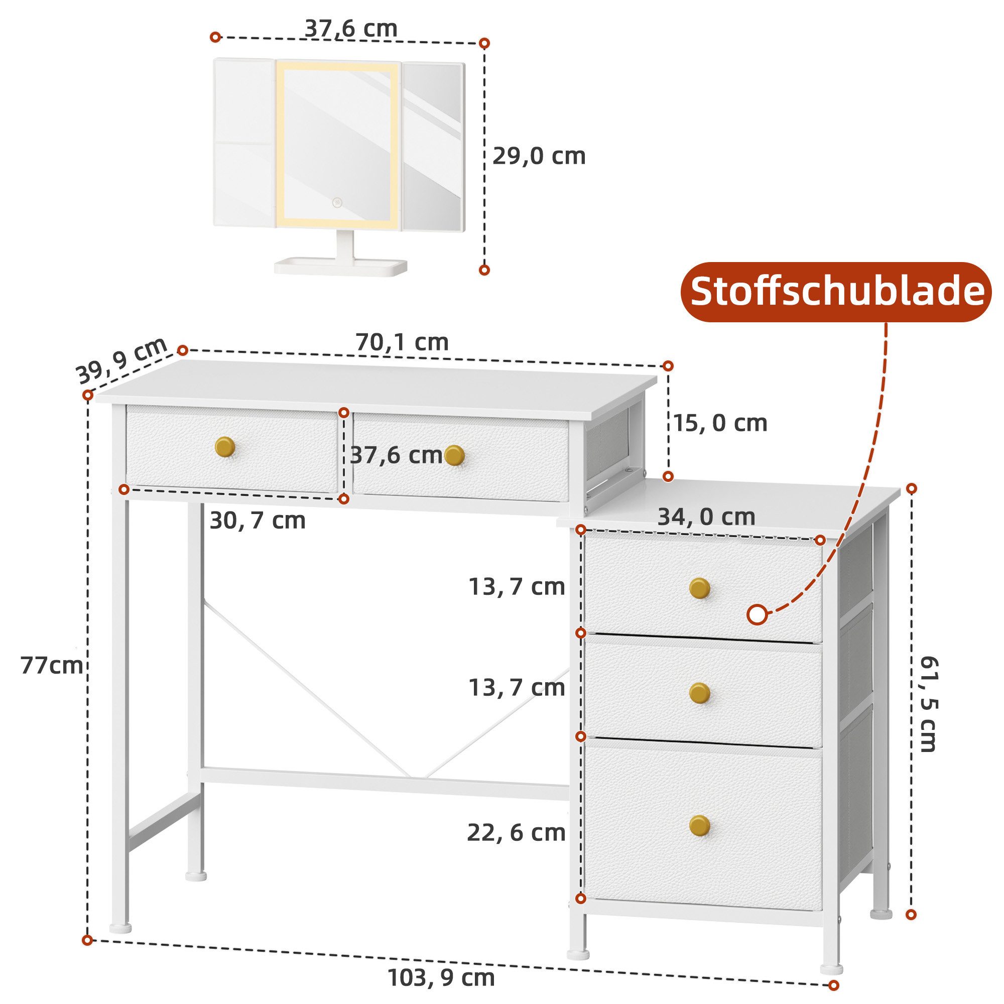 OYRREU Schminktisch inkl. 3-fach Spiegel mit Beleuchtung, Schreibtisch, Beistelltisch weiß (Schminkkommode 1-St), Kosmetiktisch, Stoffschubladen, platzsparend, Kompaktes Design