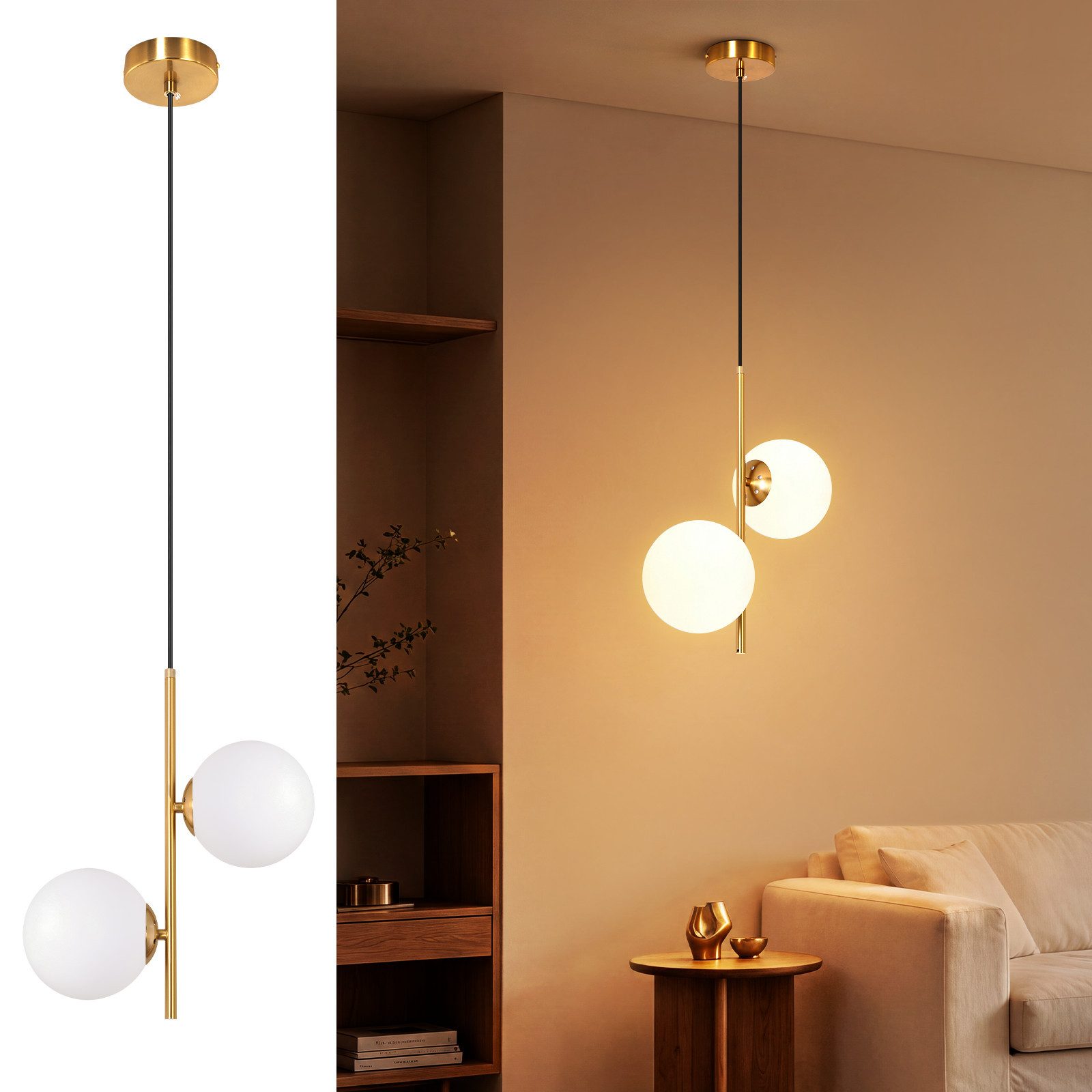 Nettlife Pendelleuchte 1/2/3flammig G9 Glas gold Innenseite moderne Hängeleuchte, ohne Leuchtmittel, für Esszimmer Wohnzimmer Küche Schlafzimmer