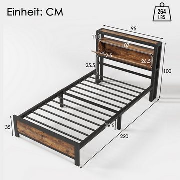 Ulife Metallbett Schwarz Einzelbett mit Stauraum-Kopfteil, Lattenrost aus Metall (Metallbett), 90 X 200cm