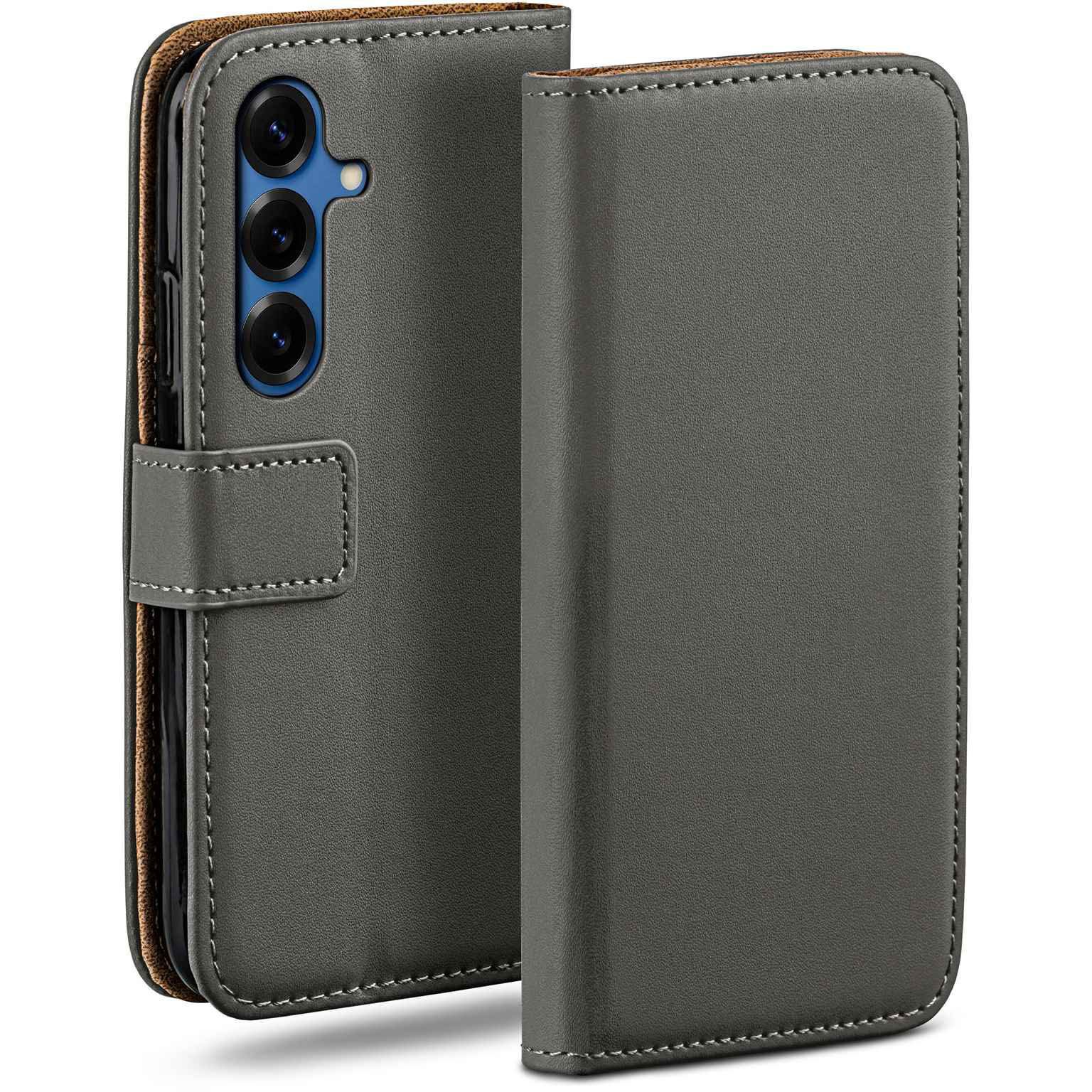 moex Handyhülle für Samsung Galaxy S25 Hülle Klappbar Book Case Dunkelgrau 6,2 Zoll, Klapphülle Kartenfach Flip Cover Handytasche Leder Optik Schutzhülle