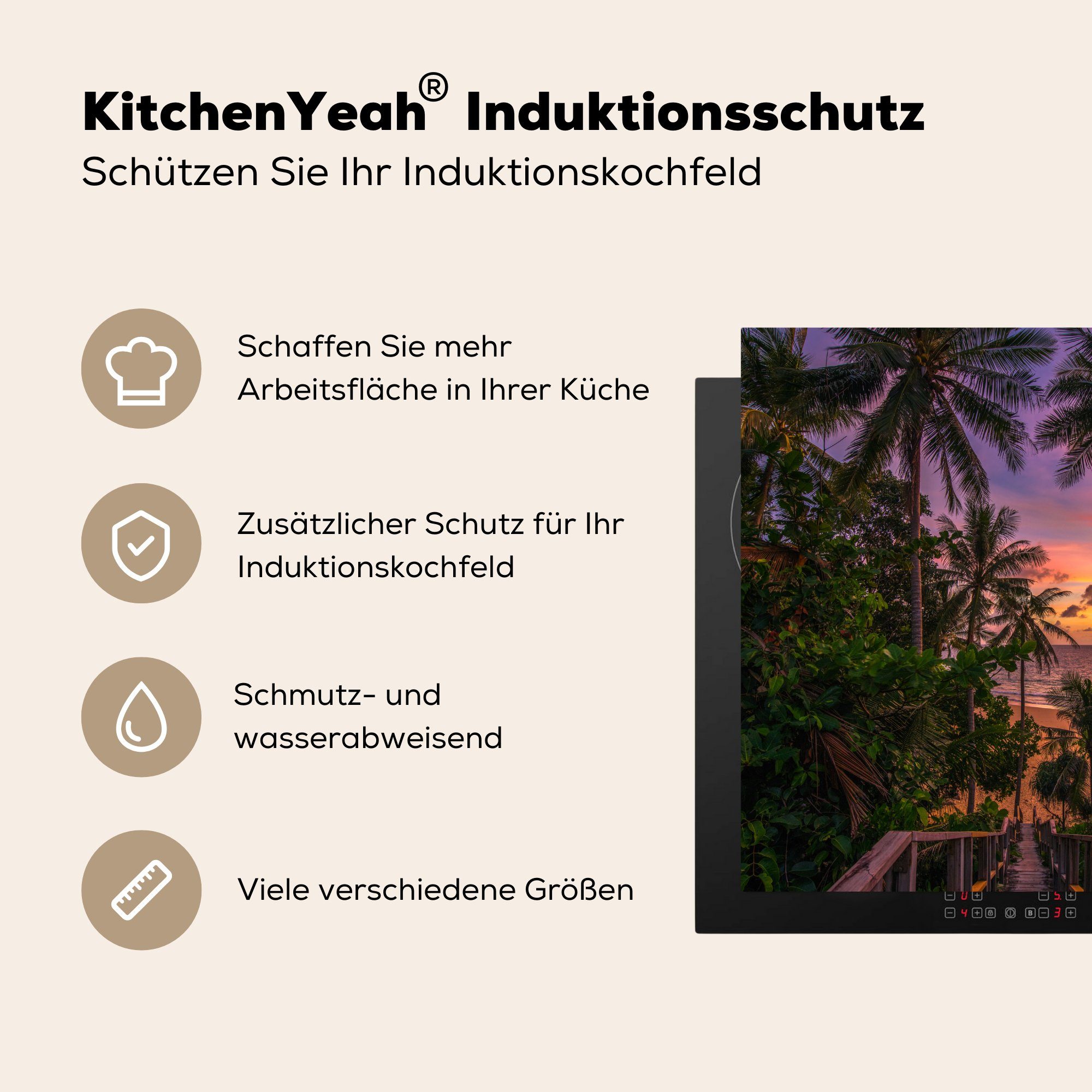 MuchoWow Herdblende-/Abdeckplatte Sonnenuntergang - für cm, (1 Ceranfeldabdeckung, Palmen Arbeitsplatte küche Vinyl, tlg), Strand, 78x78 