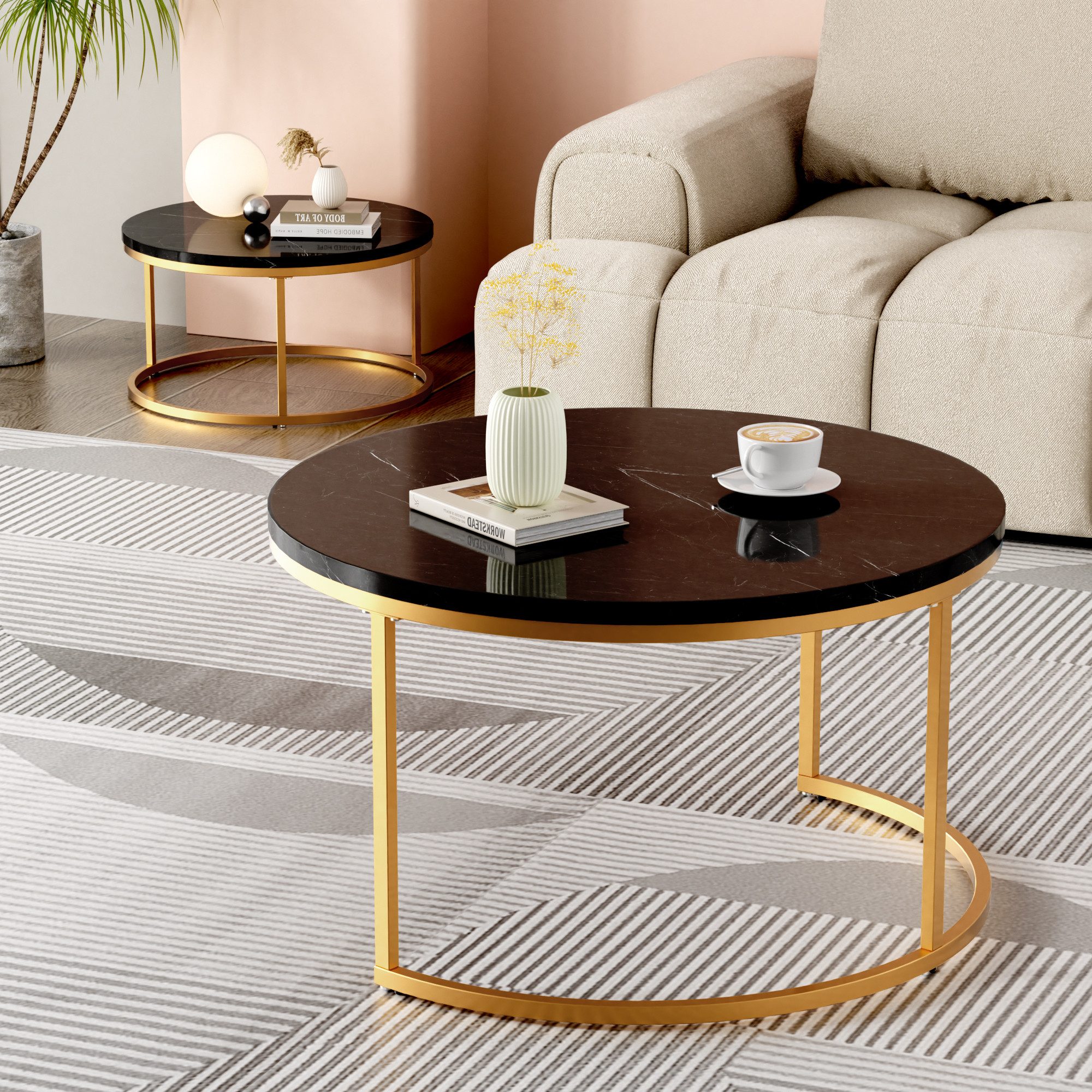 REDOM Couchtisch und 2er Set, Beistelltisch für Schlafzimmer Balkon (Runder Couchtisch, stabil und langlebig für stilvolles Wohnen, 2-St., 80x80x45 cm und 60x60x33.5 cm)
