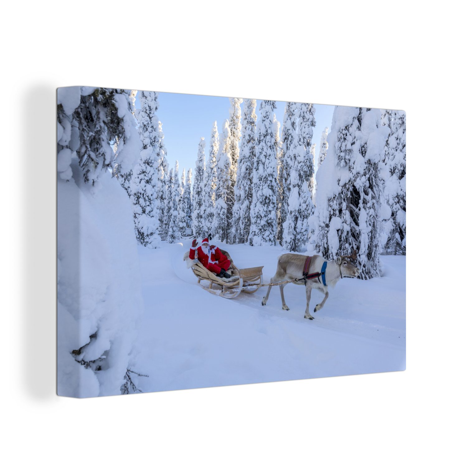 OneMillionCanvasses® Leinwandbild Rentiere ziehen den Weihnachtsmann auf einem Schlitten in Lappland, Fotodruck (1 St), Leinwand Изображения Klein, Wand Аксессуары для дома Aesthetic 30x20 cm