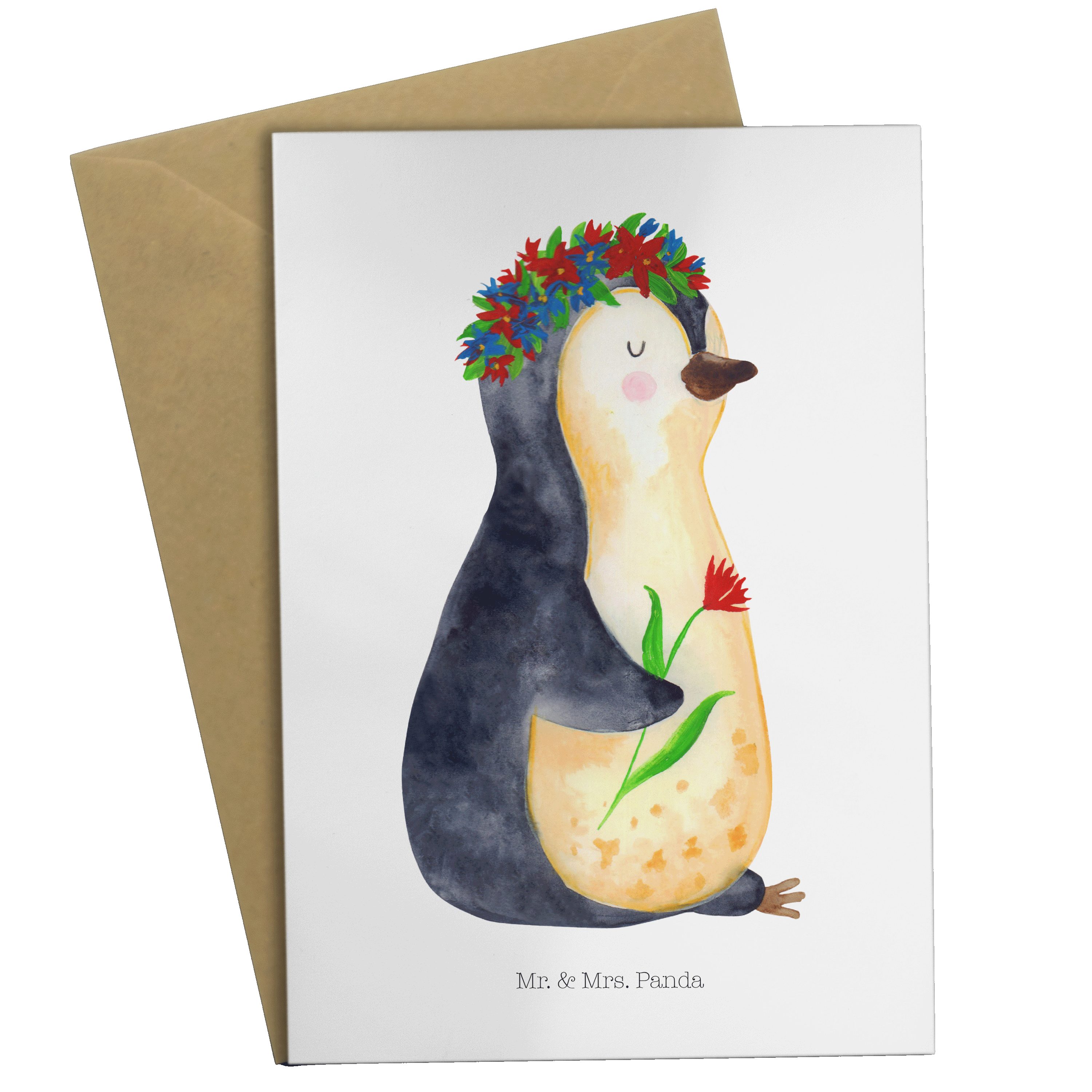 Mr. & Mrs. Panda Grußkarte Geschenk, Blumenkranz Weiß - Geburtstagsk - Pinguin Glückwunschkarte
