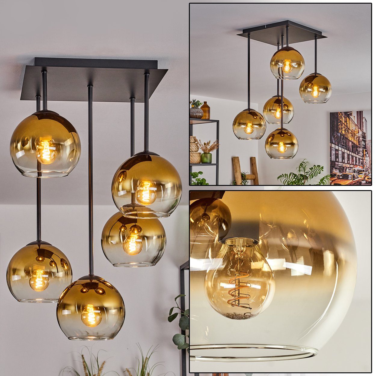 hofstein Deckenleuchte Deckenlampe aus Metall/Glas in Schwarz/Goldfarben/Klar, ohne Leuchtmittel, moderne Leuchte mit Glasschirmen (15 cm), 5 x E14, ohne Leuchtmittel