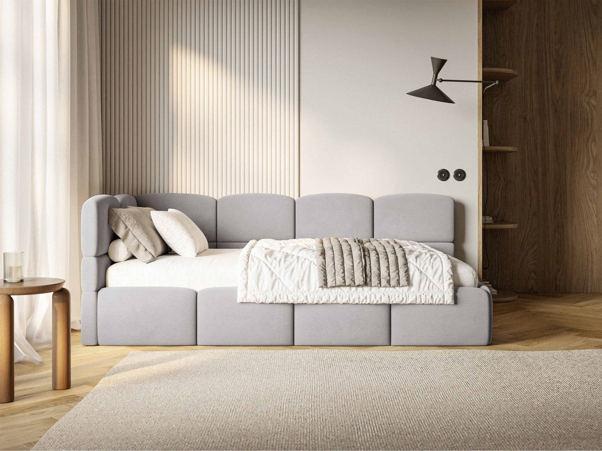 Selsey Jugendbett CLOUDY, mit Eck-Kopfteil, Lattenrost, Bettkasten und Easy-Clean-Samt, 90 cm