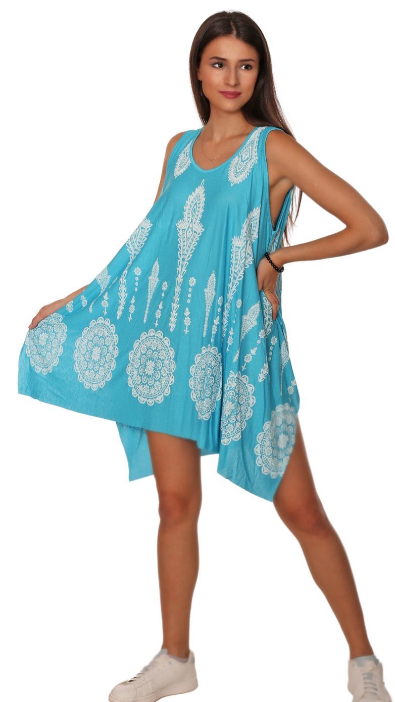 Indian Hellblau Charis Trägerkleid Moda Ornamentic Print knielang Sommerkleid