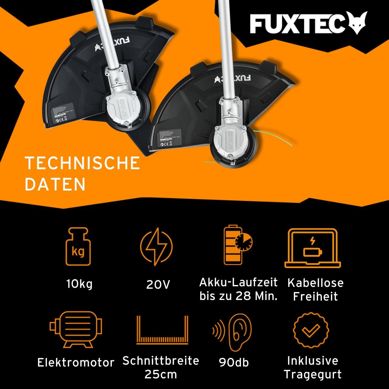 FUXTEC Akku-Motorsense FX-E2MSSET, 35 cm Arbeitsbreite Messer, 2x20V, inkl. Akku & Ladegerät,10Kg, 35 cm Arbeitsbereich