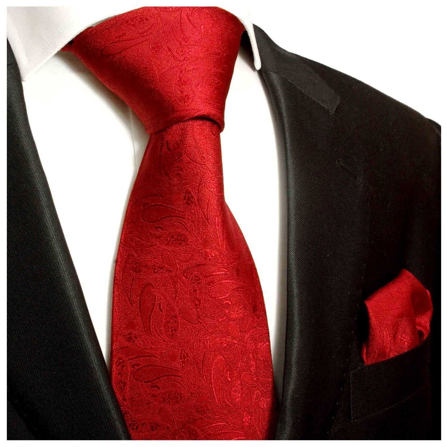 Paul Malone Krawatte mit (Set, paisley Seide (8cm), 100% Tuch mit Seidenkrawatte Breit modern 2-St., 541 Herren Einstecktuch) Krawatte rot uni