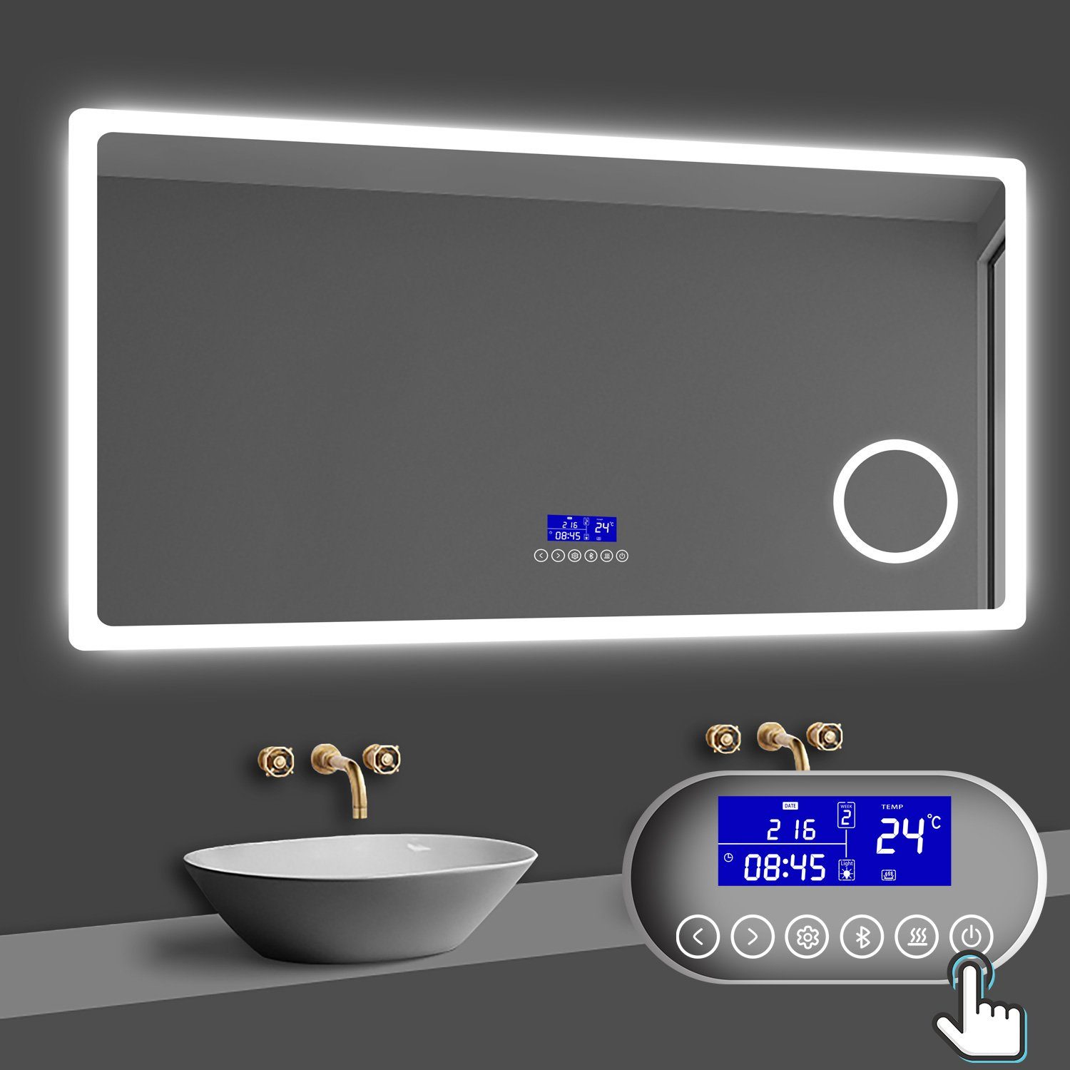 Badspiegel 80-160 cm Uhr, Beschlagfrei, 3xSchminkspiegel Kalt/Neutral/Warmweiß