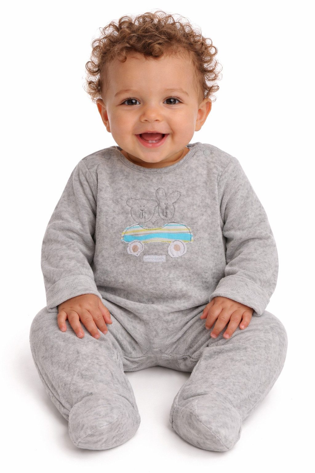 La Bortini Strampler Baby Schlafanzug aus Velours in Grau mit Auto und Tiere kuschelig weich, aus Velours, 62 68 74 80 86