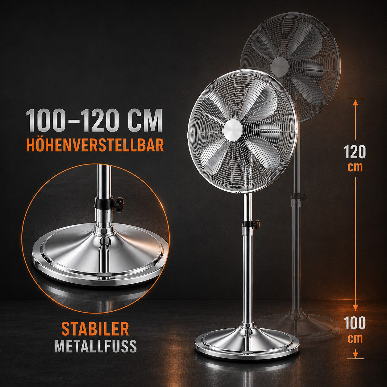 Ertex Standventilator Standventilator EDELSTAHL Ventilator Kühler 50W Standventilator 120cm
