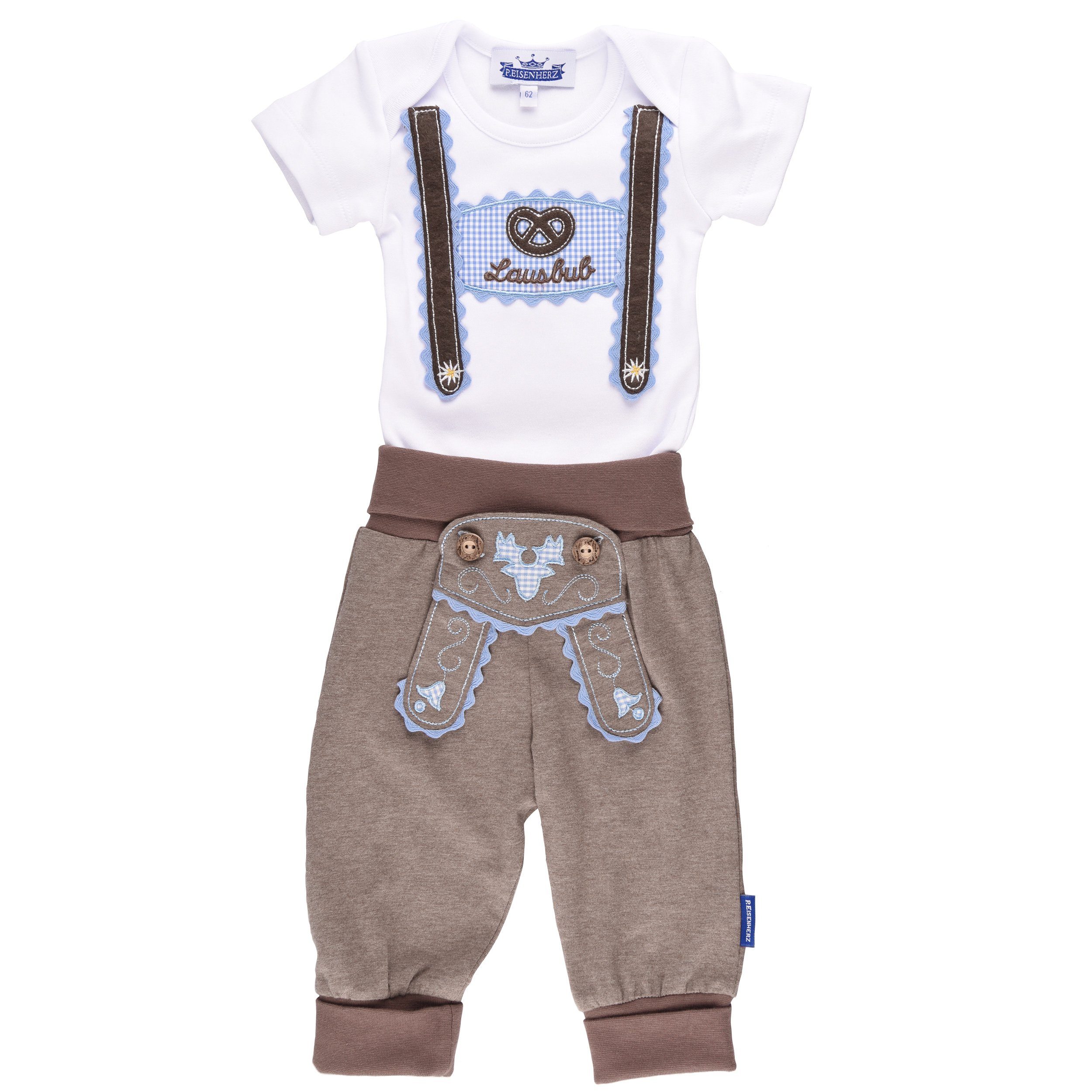 P.Eisenherz Body & Hose Trachten Set für Lausbuben im Geschenkkarton (kurzarm) (2-tlg) kurzarm Baby Body mit Jogginghose im Lederhosen Look