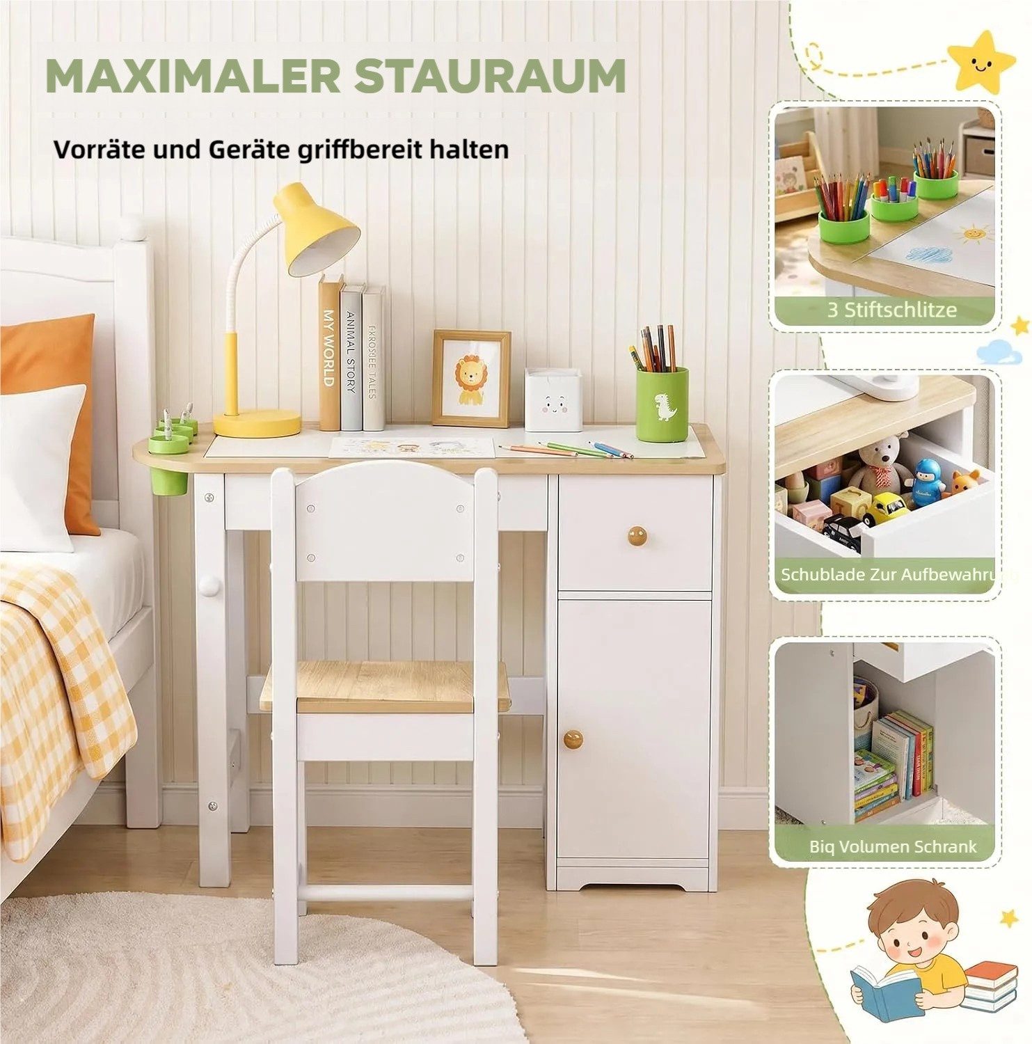 TLGREEN Kindersitzgruppe Kinder Tisch Stuhl Set 1 Stuhl 80×40×60cm, (Multifunktionaler Maltisch mit Kreidetafel & Papierrollenhalter, Viel Stauraum mit Schublad – Bild 4 von 5