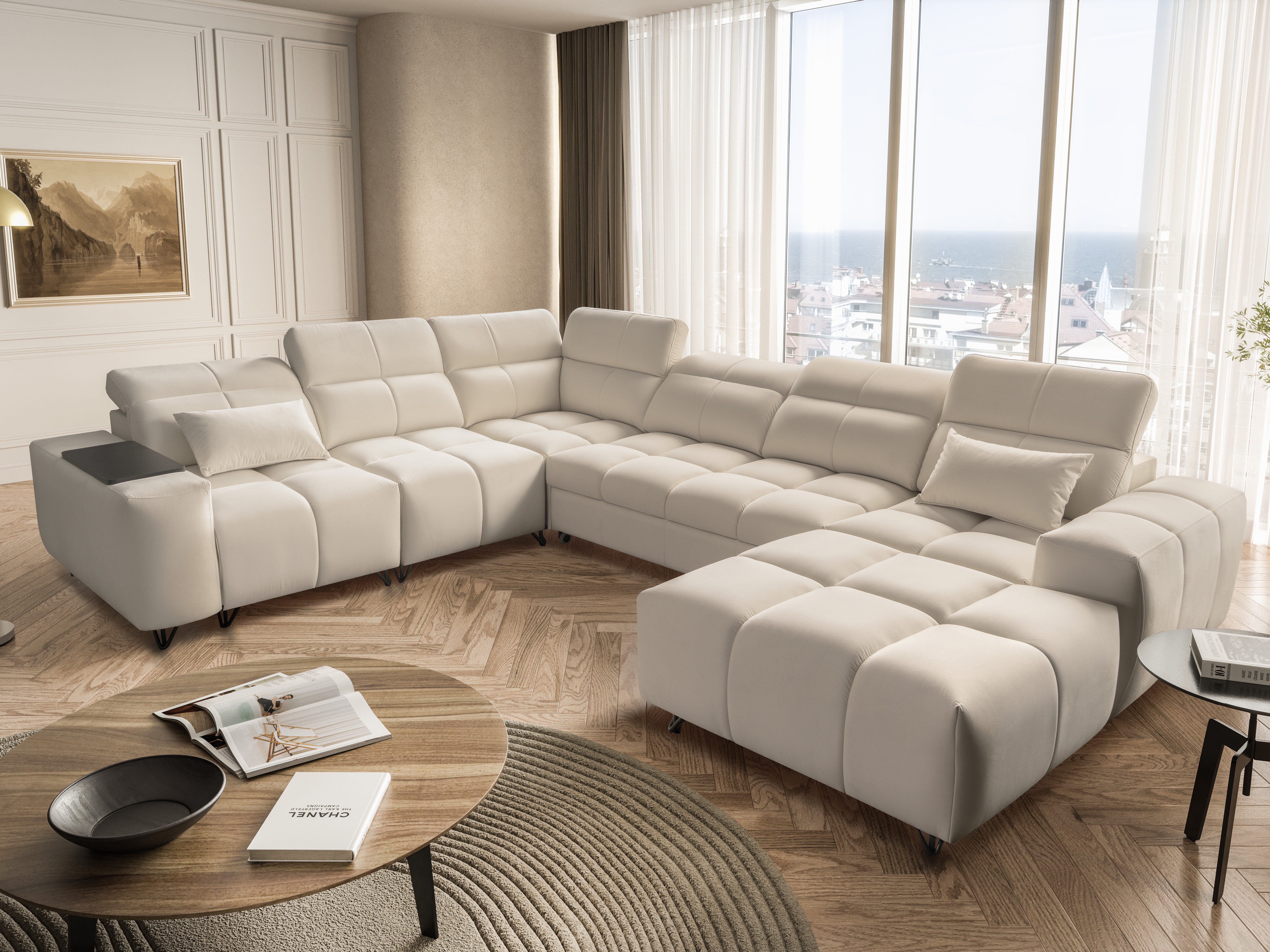 Möbel für Dich Wohnlandschaft XXL Calisto 8 in U-Form mit freistellbarem Hocker, mit 7 Kopfstützen, 3 Bettkästen und freistellbarem Hocker