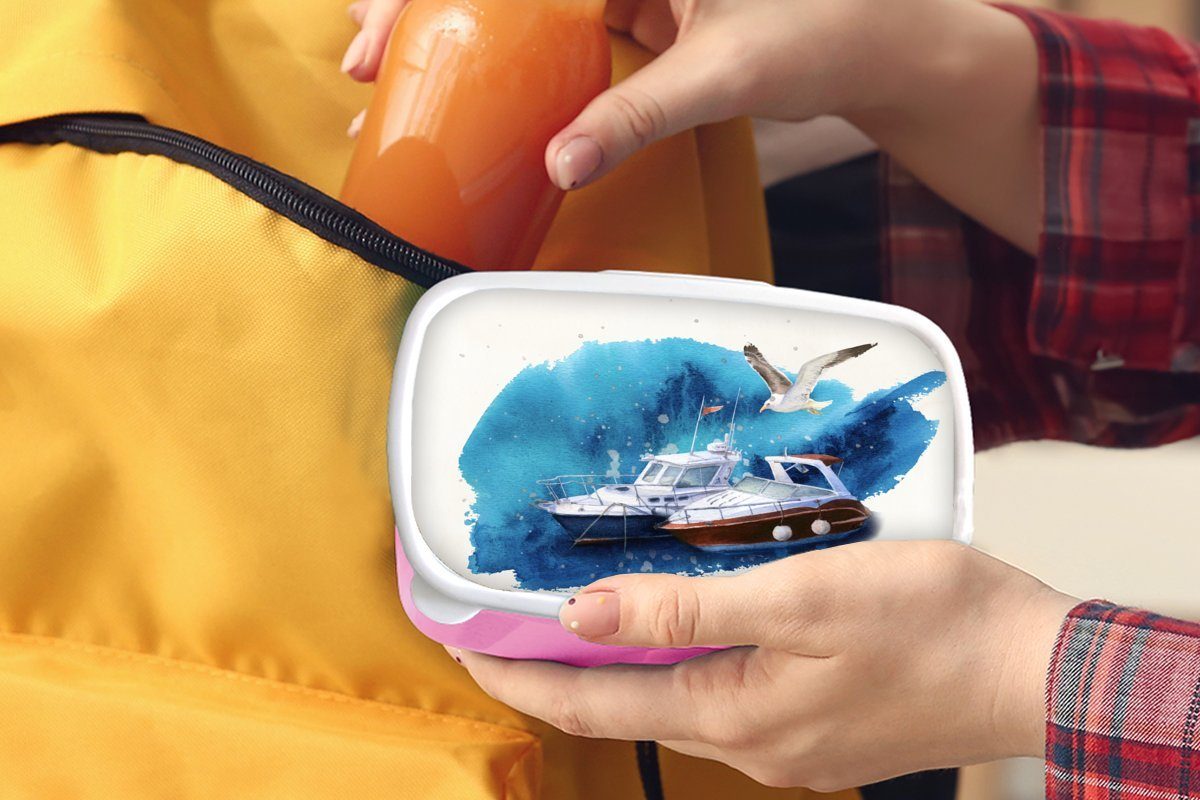 MuchoWow Lunchbox Boot Kinder, Brotdose - Brotbox - Mädchen, Kunststoff rosa Vogel für Kunststoff, Erwachsene, Meer, Snackbox, (2-tlg)