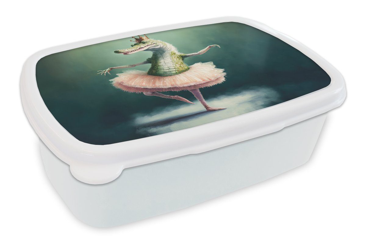MuchoWow Lunchbox Krokodil - Krone - Gold - Ballett - Porträt - Kinder, Kunststoff, (2-tlg), Brotbox für Kinder und Erwachsene, Brotdose, für Jungs und Mädchen weiß