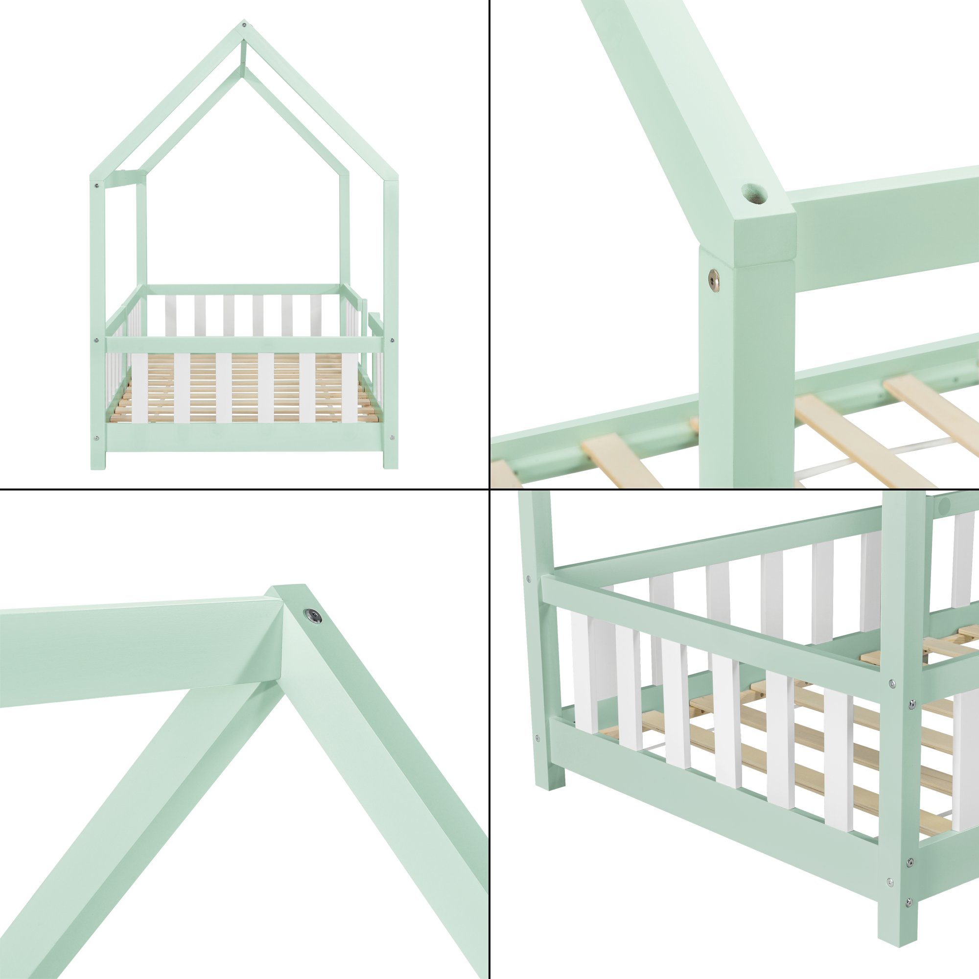 mit 90x200cm Mintgrün/Weiß »Sisimiut« Kinderbett, Rausfallschutz en.casa Haus-Optik