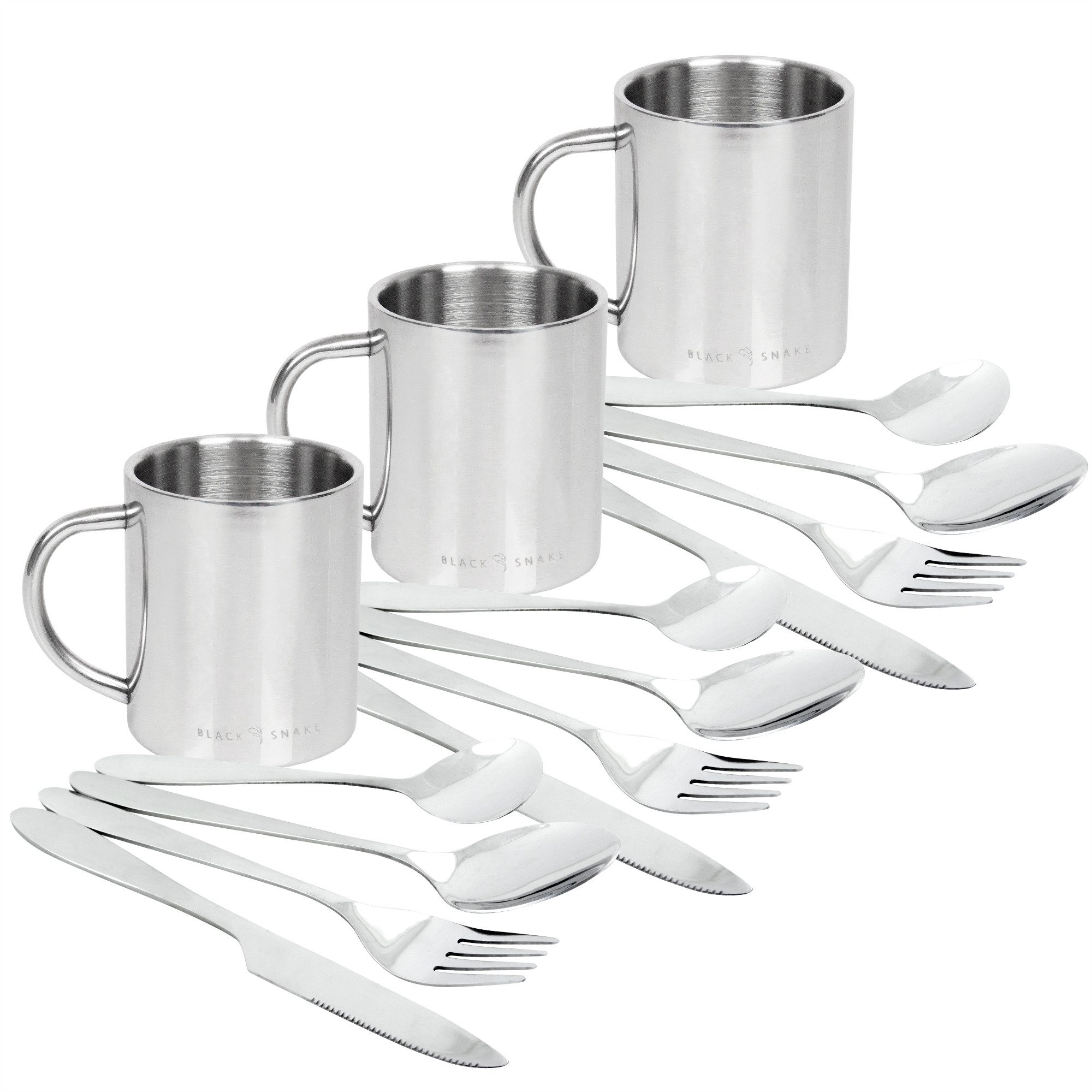 Black Snake Besteck-Set Edelstahl Thermo Tasse mit Lunch Besteck Set für Outdoor (6-tlg), 3 Personen, Edelstahl, Thermo Tasse mit robustem Edelstahl Besteck