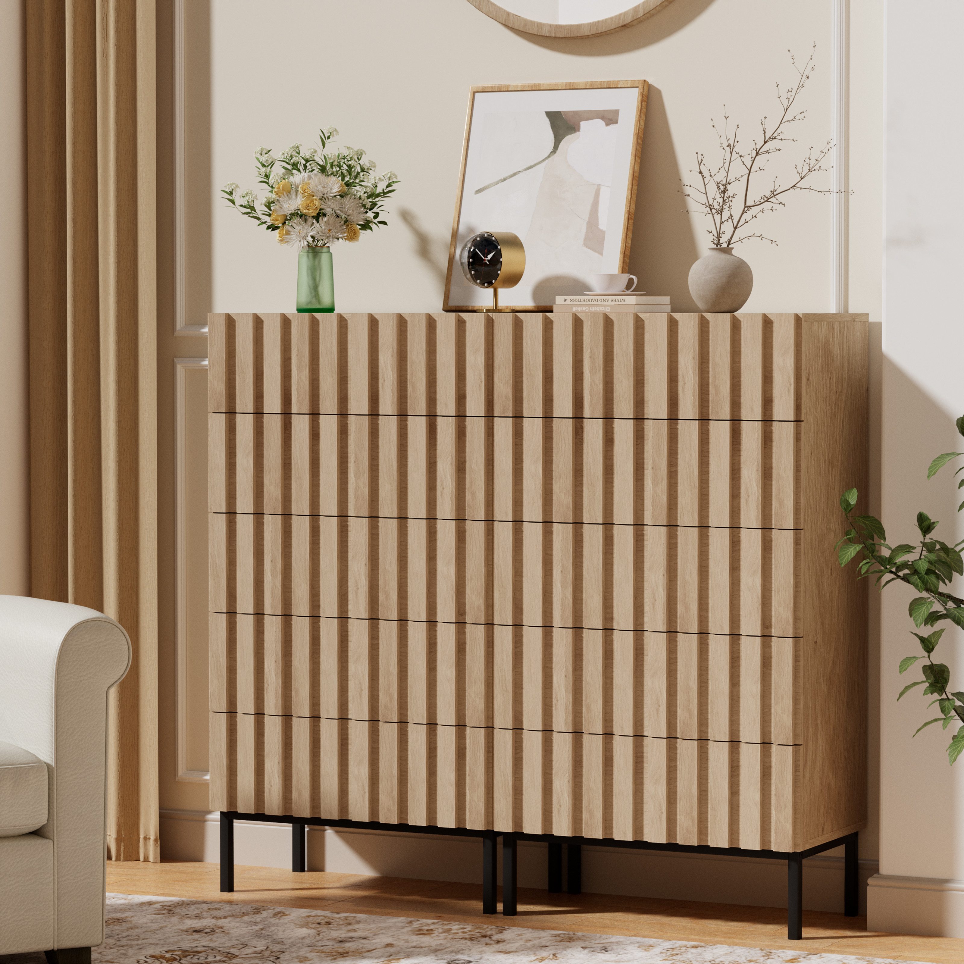 UEV Kommode schmal mit 4/5 Schublanden Sideboard Beistellschrank Buffet (Aufbewahrungskommode, Mehrzweckschrank aus Holz(Natur/Schwarz/Dunkelbraun), Schrank für Wohnzimmer,Schlafzimmer,Flur