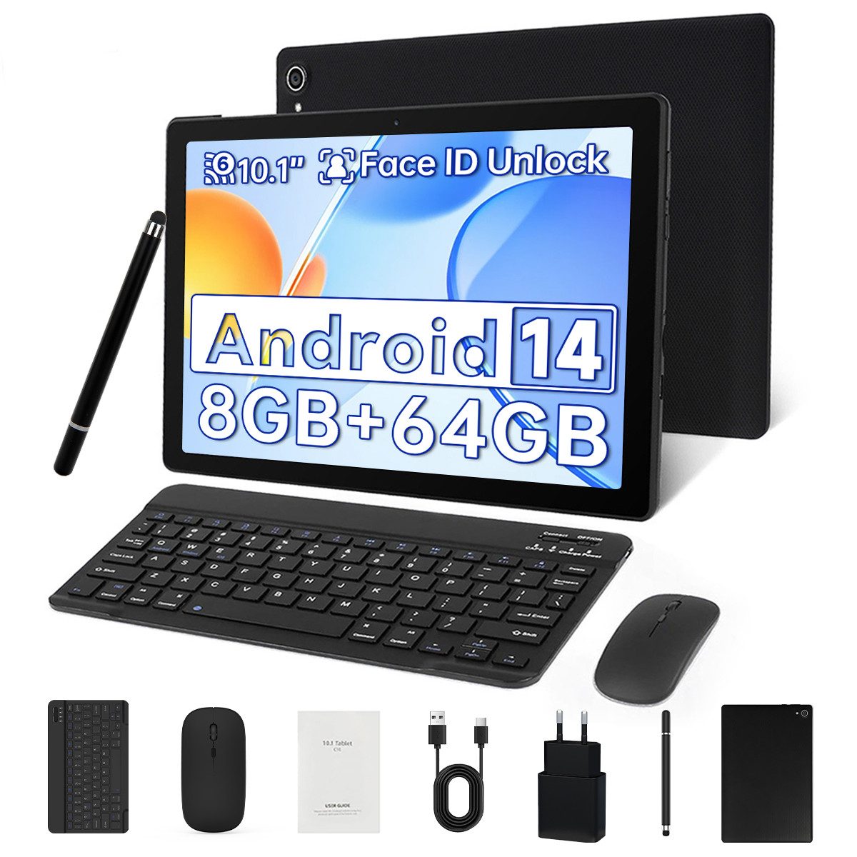 Happybe 10,1 Zoll 64GB, Android, HD 1280x800, mit Tastatur, Maus und Stylus Tablet (10", 64 GB, Android 14, WiFi6, Android 14, 8GB RAM, Widevine L1, Komplettset mit Tastatur/Stift/Maus)