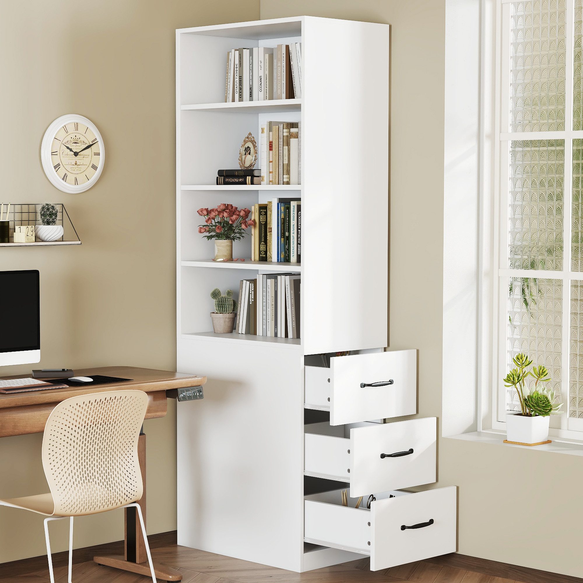 Flieks Bücherregal mit seitlichen Schubladen, links und rechts austauschbar, B60/T38/H180 cm 1-tlg., Hochschrank mit verstellbaren Einlegeböden Wohnzimmerschrank Weiß