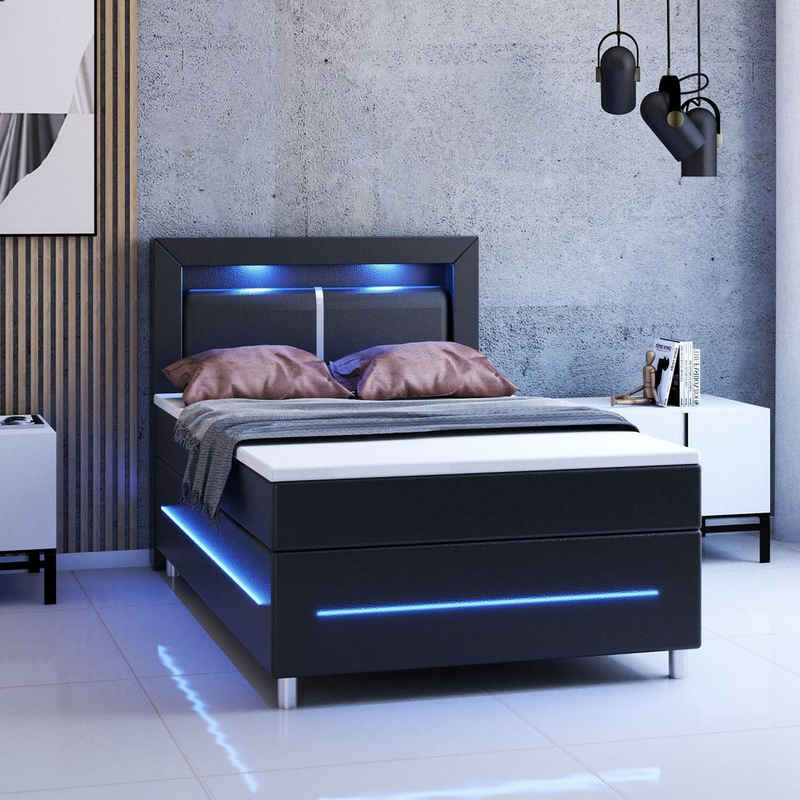 Juskys Boxspringbett Norfolk, 120 x 200 cm, Bett mit Federkernmatratze, Topper, Kopfteil und LED-Beleuchtung