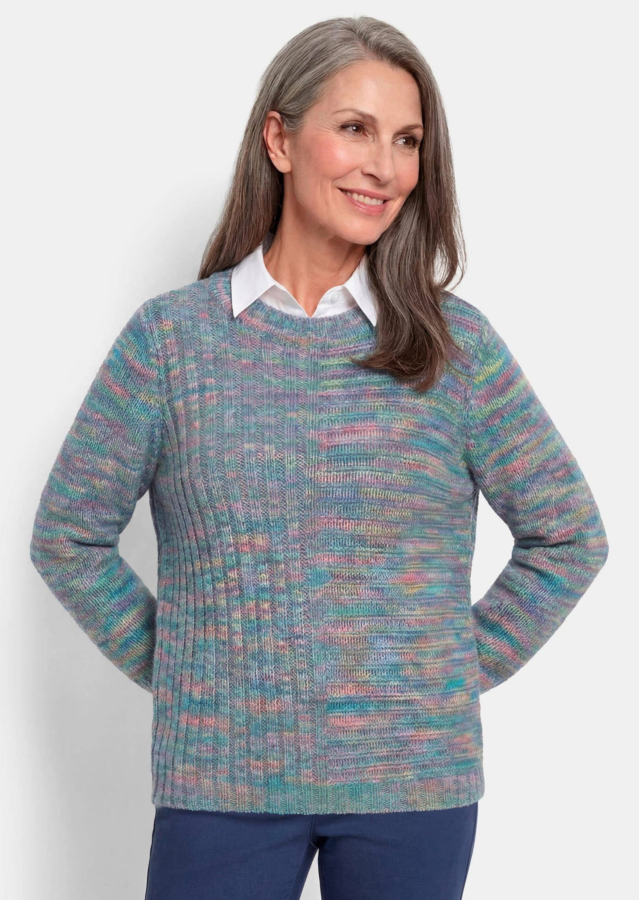 GOLDNER Strickpullover Melangepullover mit U-Boot-Ausschnitt Weicher Strickpullover mit wechselnden Rippenstrukturen und Langarm