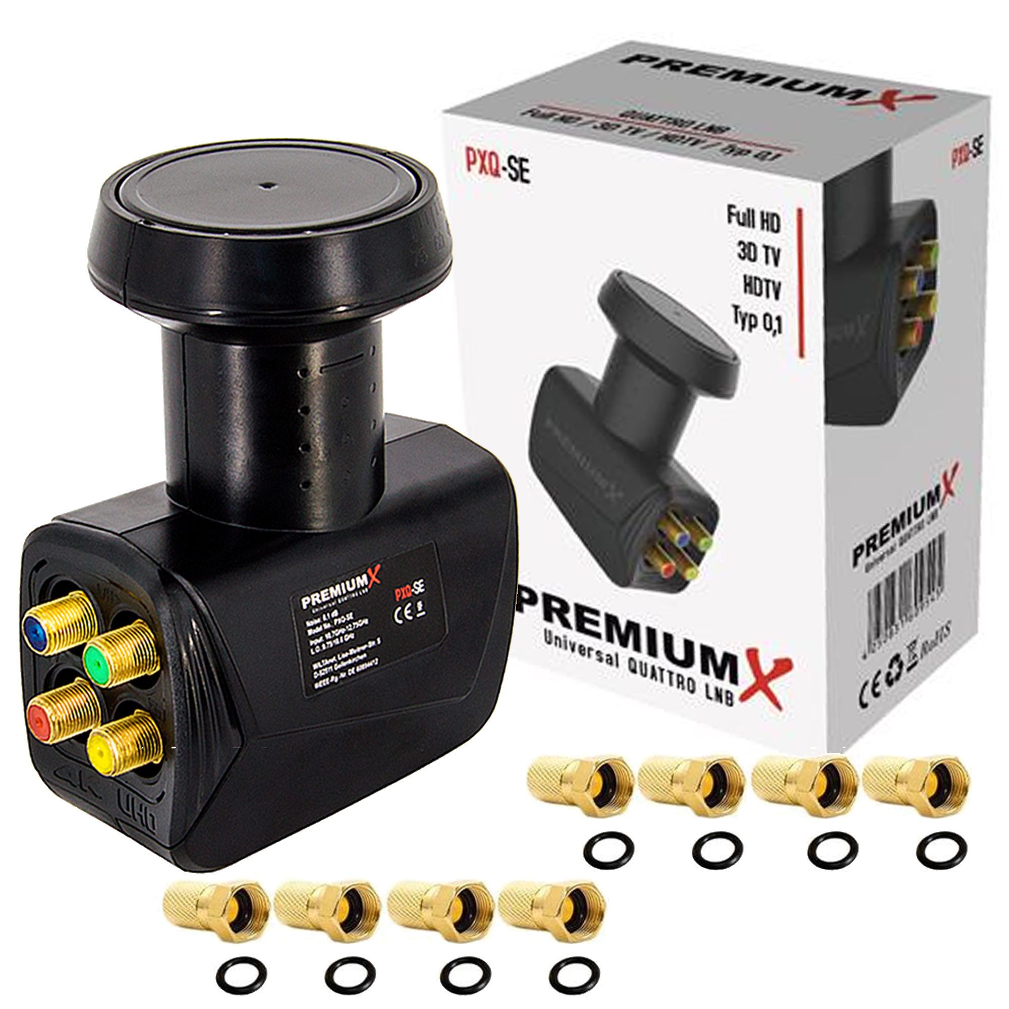 PremiumX Quattro LNB für Multischalterbetrieb DVB-S2 HD 4K inkl. 8x F-Stecker Monoblock-LNB