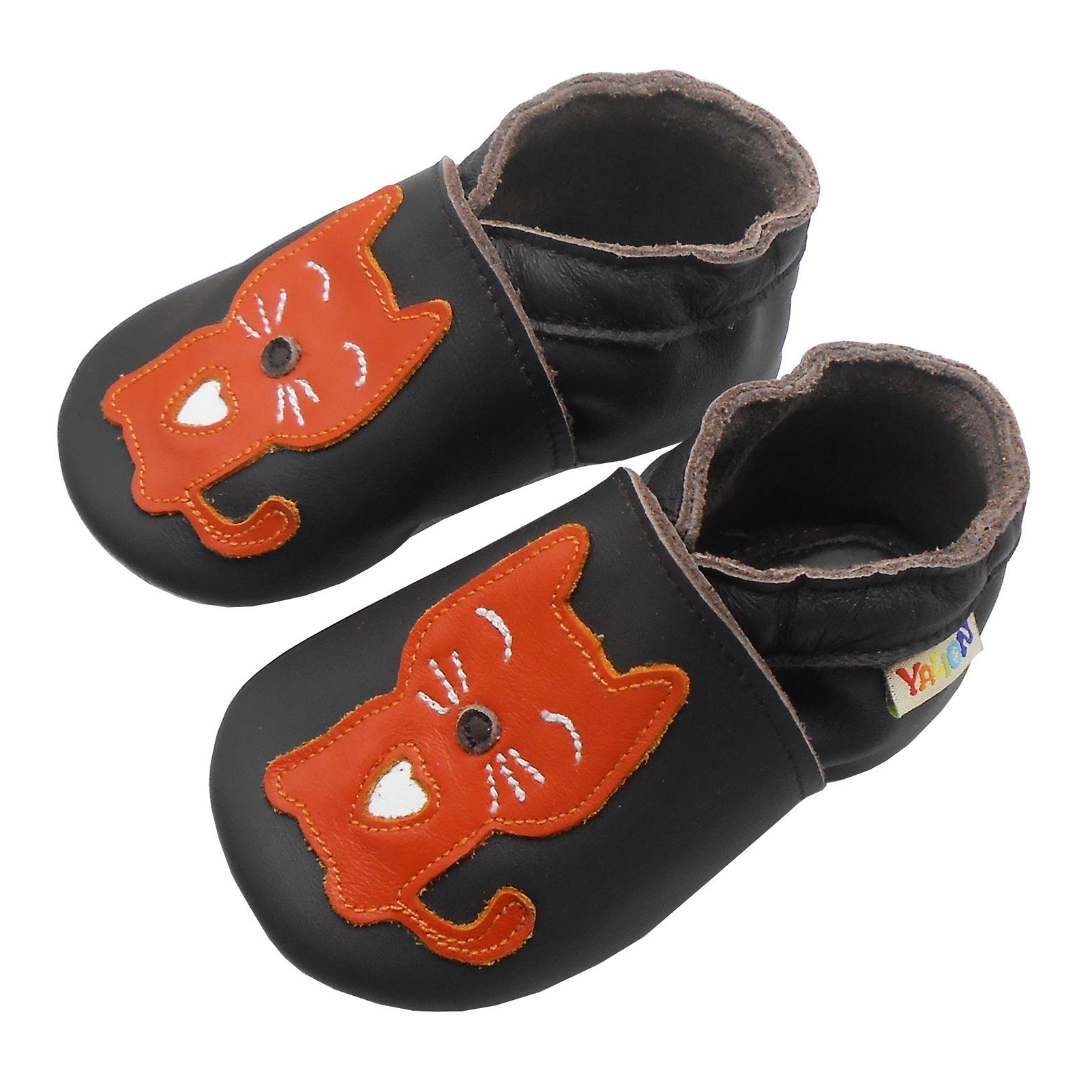 Yalion Weiche Leder Lauflernschuhe Lederpuschen Schwarz Katze Hausschuhe Krabbelschuh