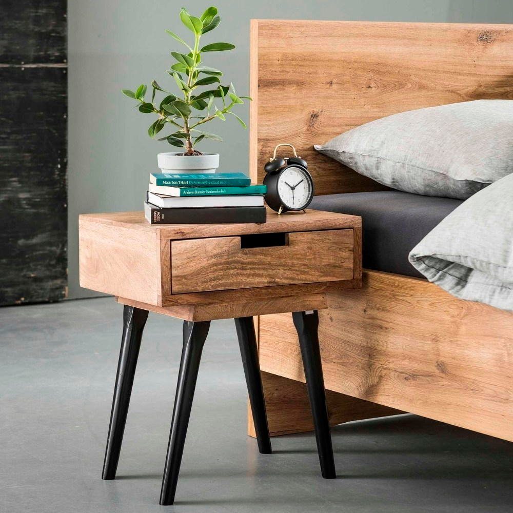 RINGO-Living Beistelltisch Massivholz Nachttisch La mit Schubalde in Natur-hell und Schwarz-matt, Möbel