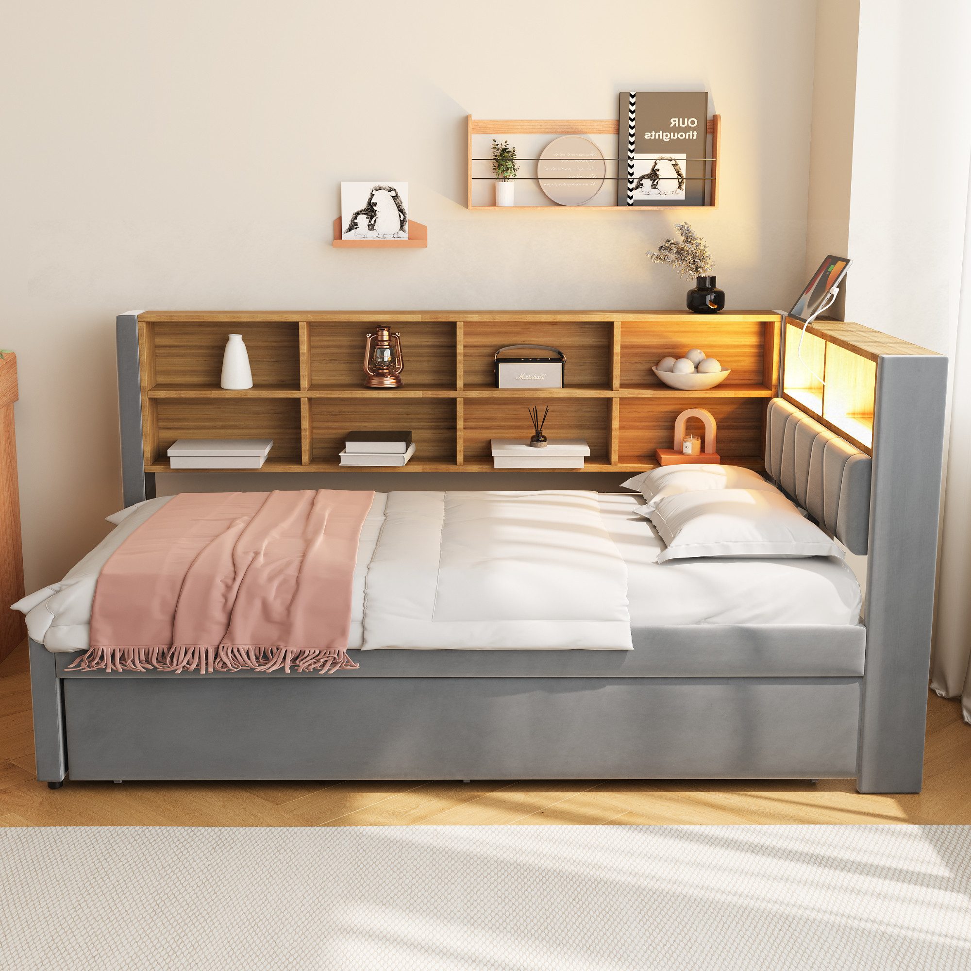 Odikalo Ausziehbett Schlafsofa Polsterbett Bettgestell Ablagefach 90x190/200cm Mehrfarbig