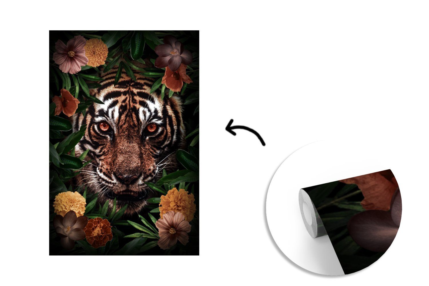 Tiger Wandtapete Wohnzimmer, Braun MuchoWow für - Vinyl - (3 bedruckt, Fototapete Blumen, Montagefertig Tapete Matt, St),