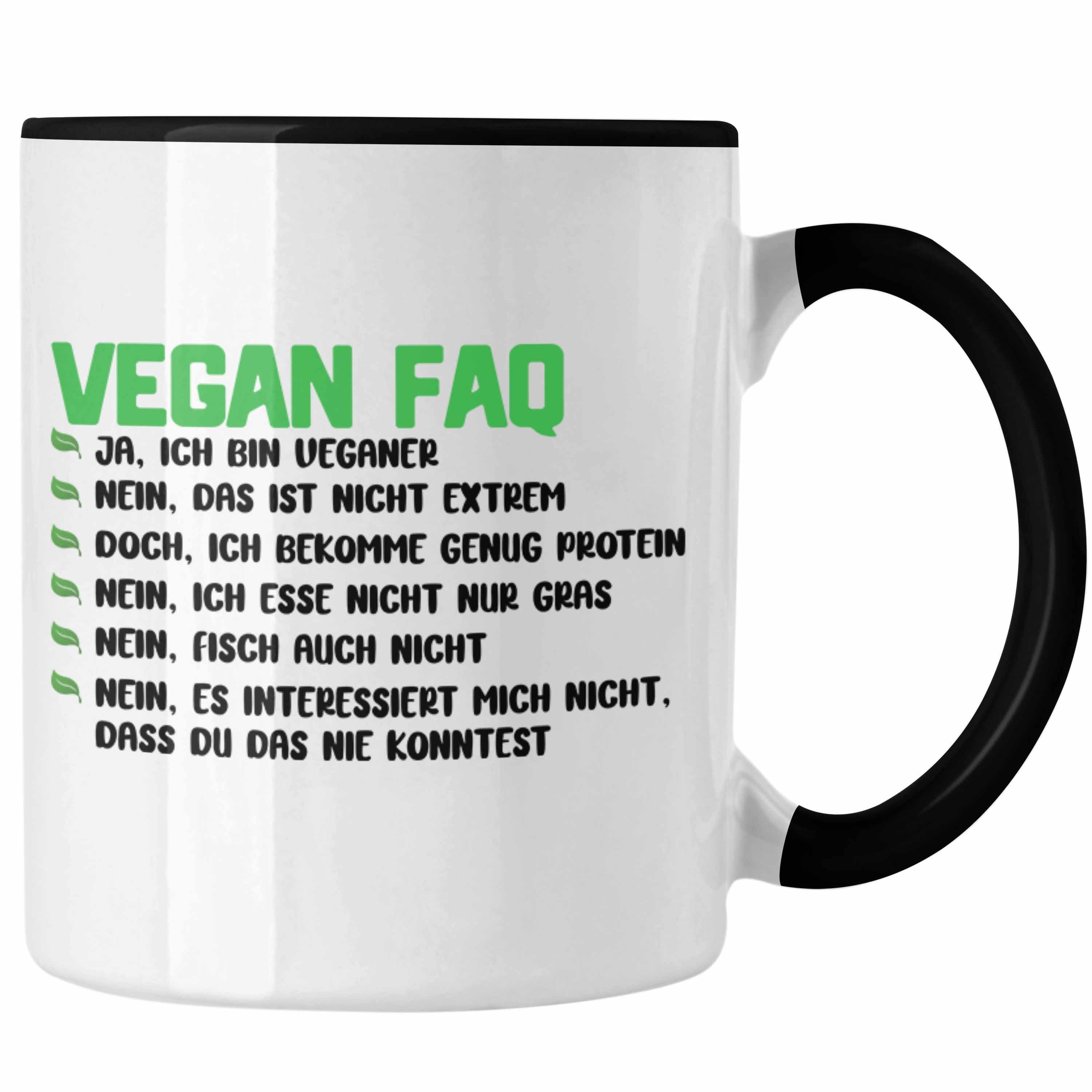 Trendation Tasse Trendation - Veganer Tasse Geschenk FAQ Vegan Geschenkidee Lustiger Spruch Vegane Lebensweise Schwarz