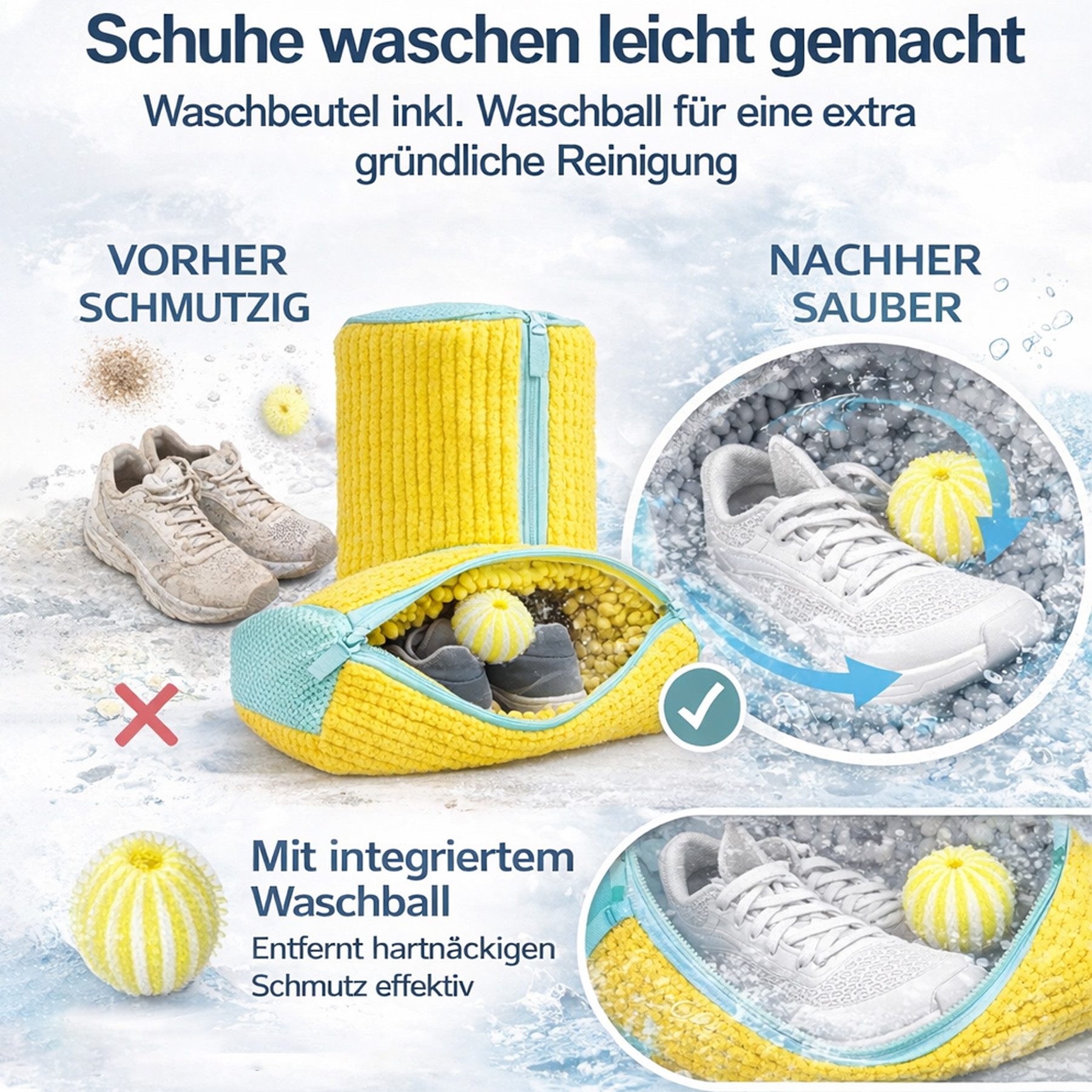 Mutig Wäschesack 2 Stück Schuhwaschbeutel Waschmaschine, Wiederverwendbar (mit Reißverschluss, Plüsch Wäschesack, 360° Reinigungsflusen), Schutz für Schuhe, Sne – Bild 2 von 5
