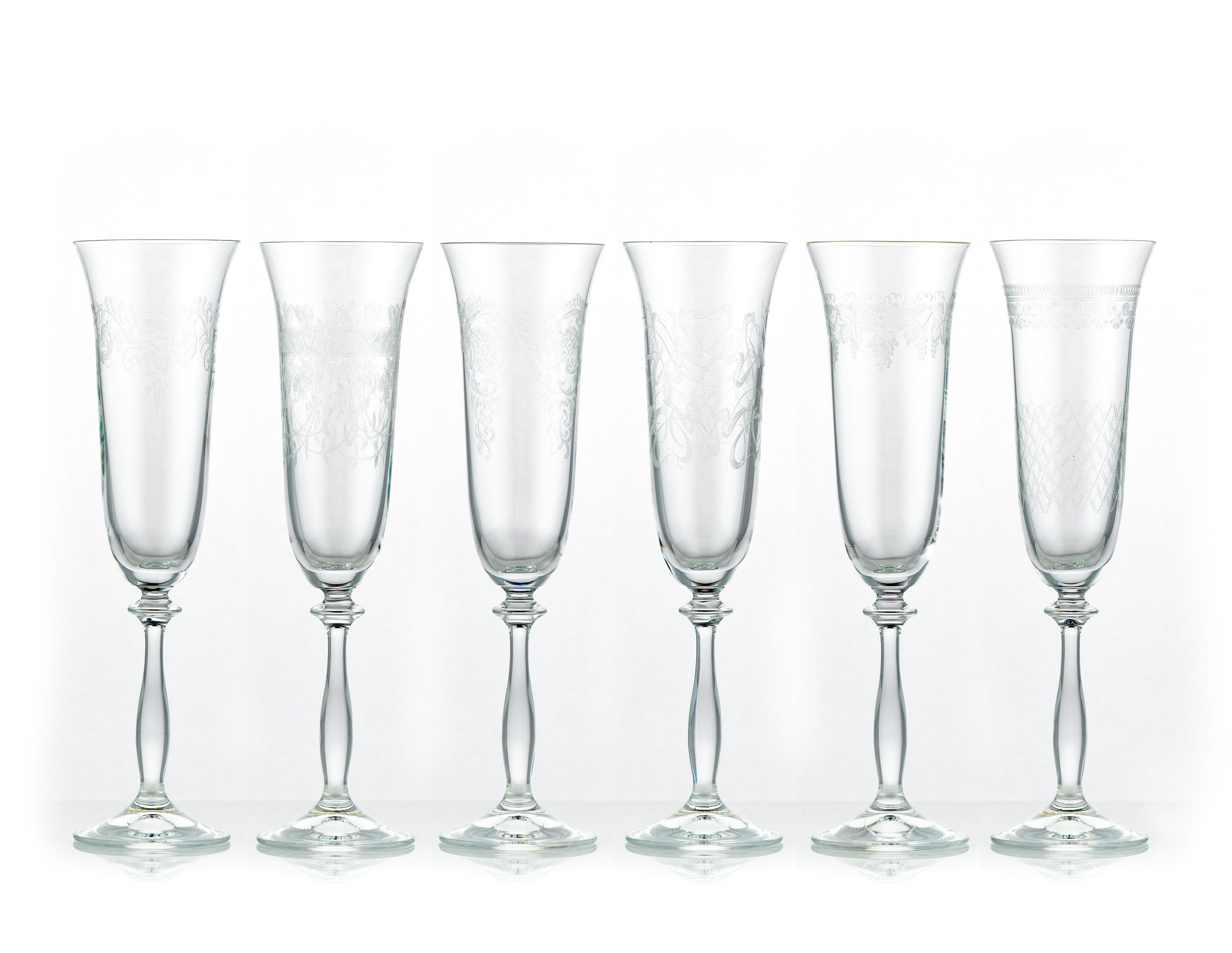 Crystalex Sektglas Royal mit unterschiedlichen Ornamenten, 6-tlg., Kristallglas, 6 Gläser mit verschiedenen Ornamenten, Pantografie
