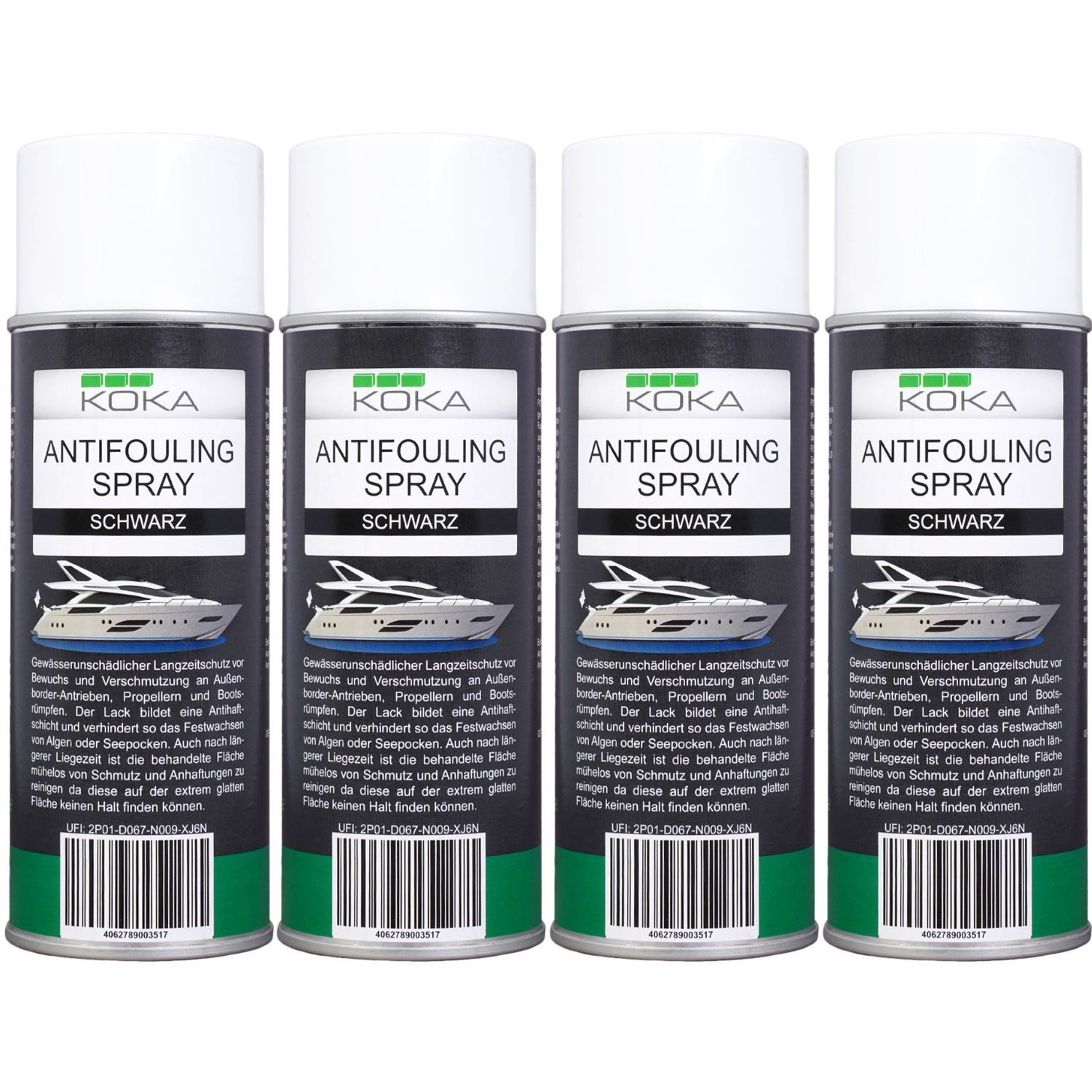 KOKA 4x Antifouling Spray Schwarz Bewuchs-Schutz Boot Lackschutz (Dosen, 4 St., 4x 400ml Dose), Langzeitschutz Antihaft-Schicht für Bootsrumpf Rumpf Antrieb Propeller