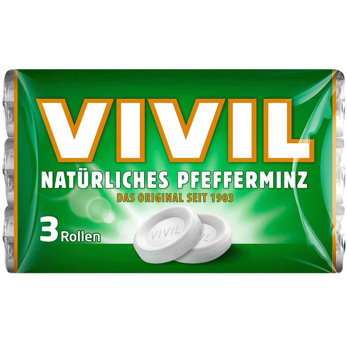 VIVIL Süßigkeit, Vivil Pastillen mit natürlichem Pfefferminz 3 Bonbon Rollen 84g