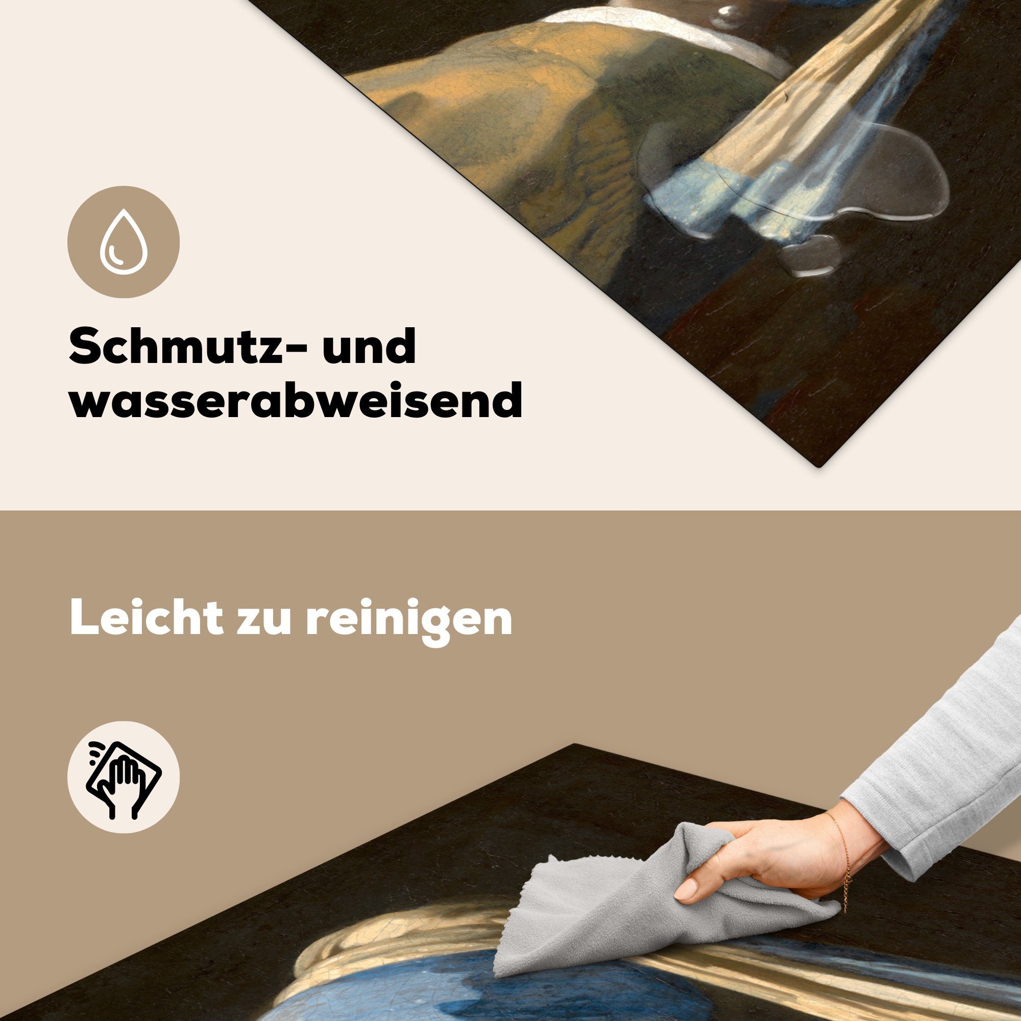 MuchoWow Kunst, für (1 Ceranfeldabdeckung, - Vermeer mit cm, Vinyl, Herdblende-/Abdeckplatte 78x78 küche Mädchen - tlg), Arbeitsplatte Perlenohrring