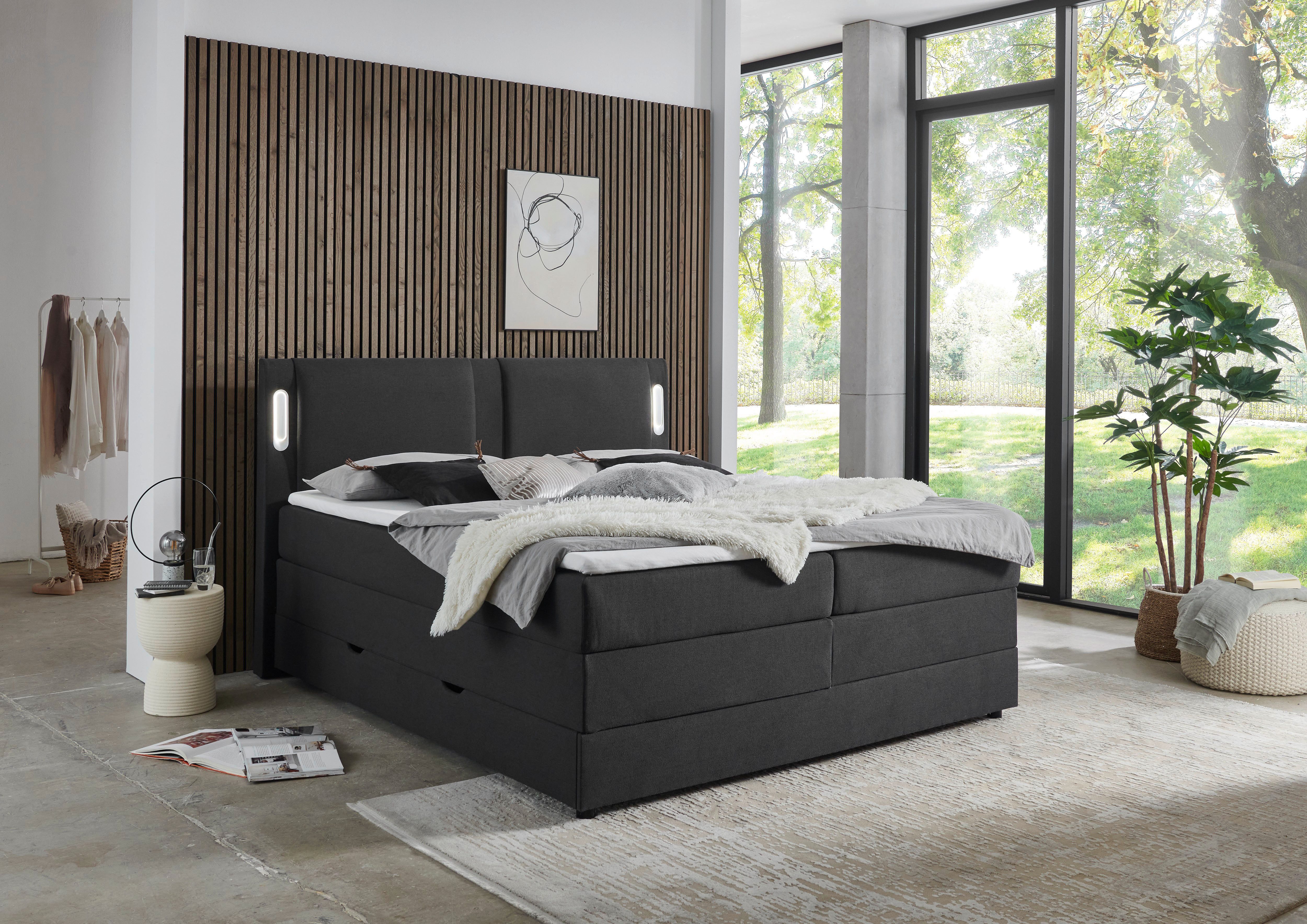 INOSIGN Boxbett ELVERTA, Polsterbett mit Bettkasten, inkl. Taschenfederkernmatratze H3, mit Topper und LED-Beleuchtung, Strukturstoff-Bezug, 180x200 cm